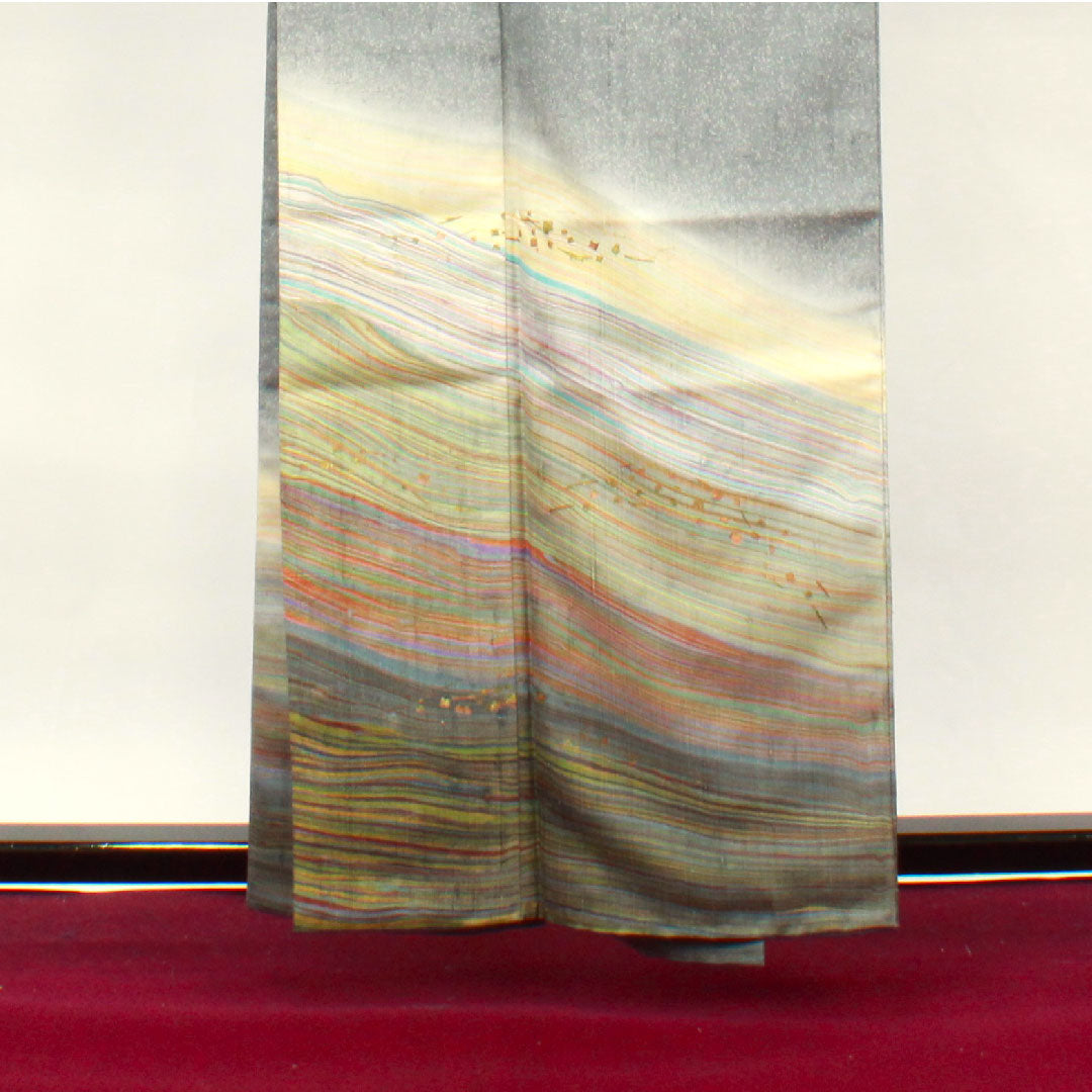 Homongi, lined, length 160cm, sleeve length 68cm, lead color, pongee fabric, abstract pattern, pure silk, A rank, gray, 1112002343422