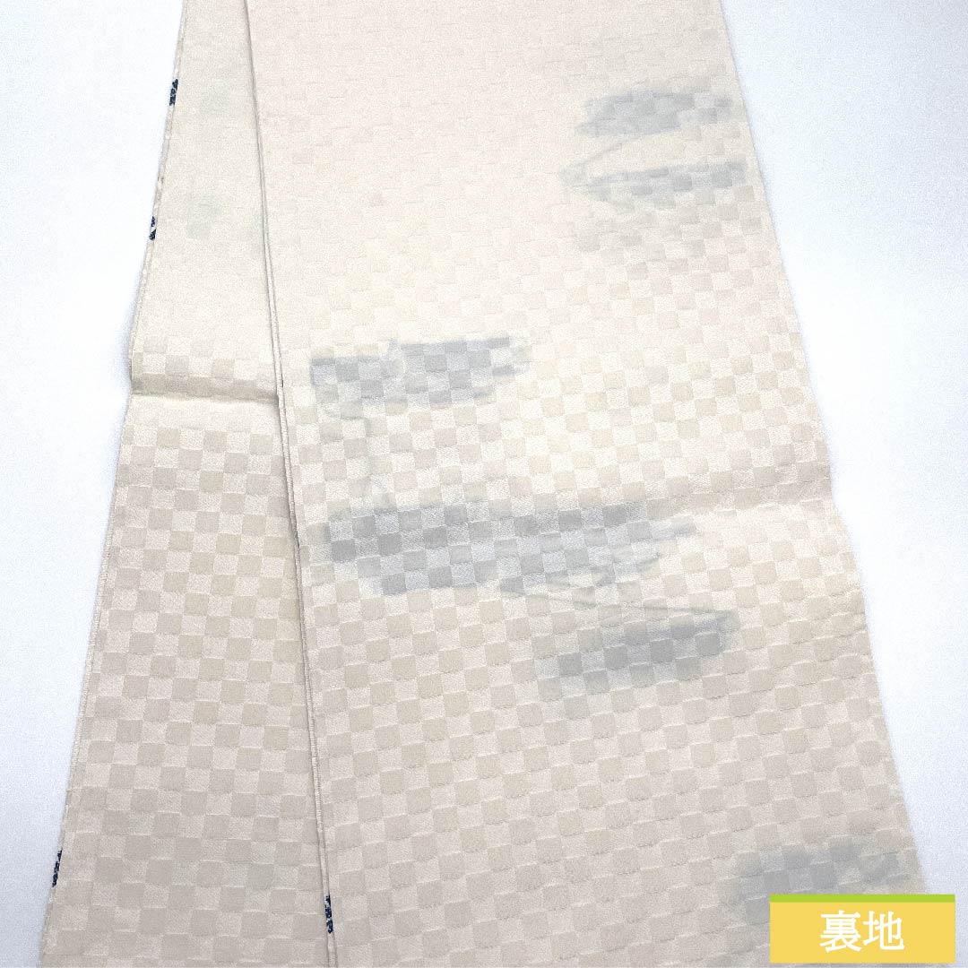 (未仕立)袋帯 正絹 胡粉色(ごふんいろ)小花模様 市松模様 葡萄 帯丈474cm NEWランク 六通 セミフォーマル 白系 1123010641411