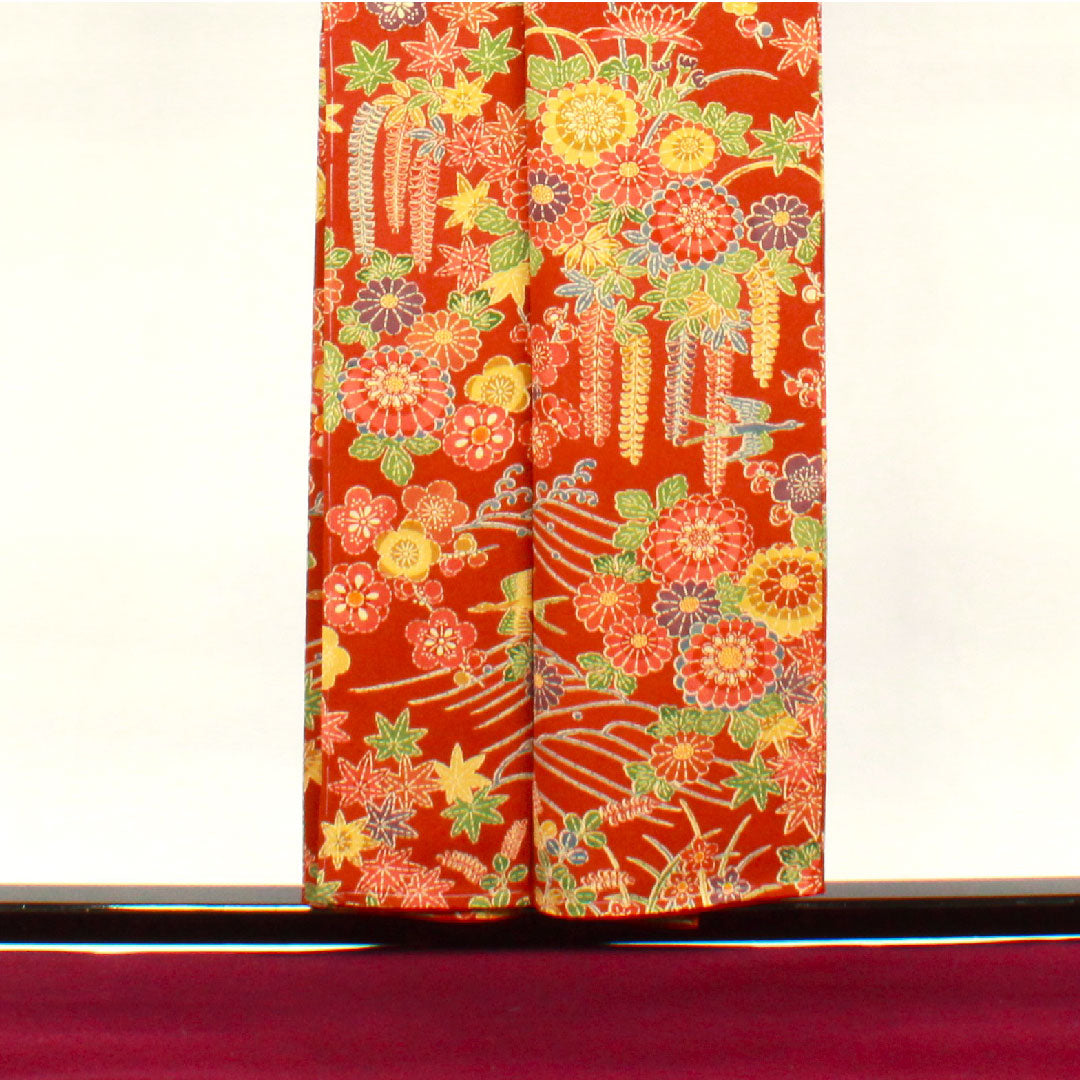 小紋 身丈154cm 裄丈61cm 袷 猩々茶色 型染 菊 梅 草花模様 正絹 Sランク 茶系 1115002652214