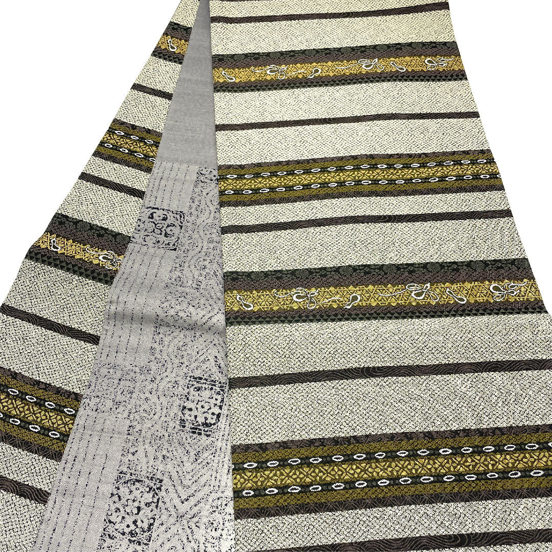 袋帯 両面全通 横段 抽象模様 リバーシブル 帯丈452cm 正絹 Sランク 全通 カジュアル グレー系 1123004592422