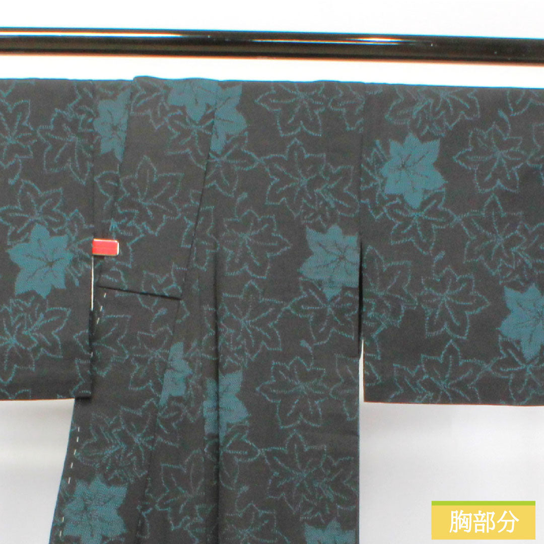 紬 正絹 身丈151.5cm 裄丈62cm 紅葉 Aランク 単衣 黒系 1116003153210