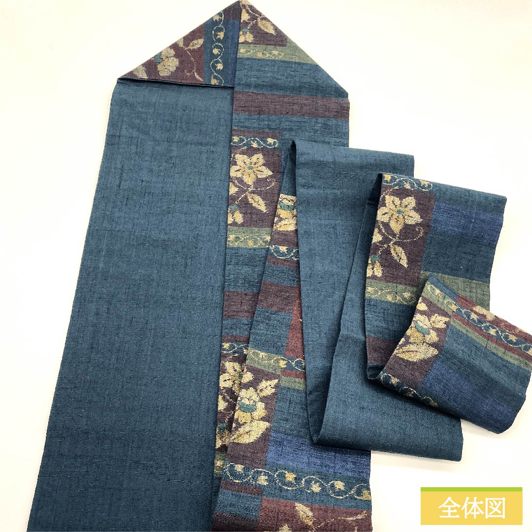 Nagoya obi, indigo iron color, floral pattern, obi length 364cm, pure silk, S rank, six-pass, casual, navy blue, 1124006112318, Nagoya style