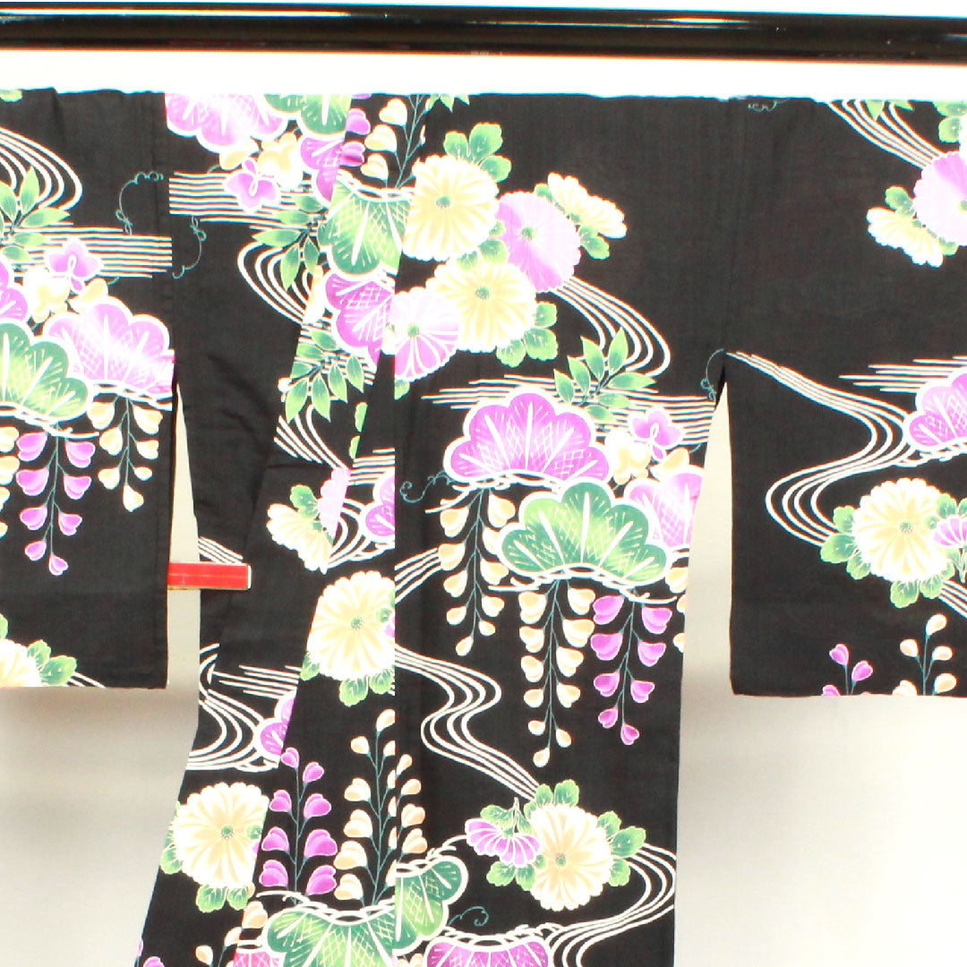 浴衣 松 菊 藤 流水 木綿 Sランク 単衣 身丈165cm 裄丈66.5cm 黒系 1118003932510