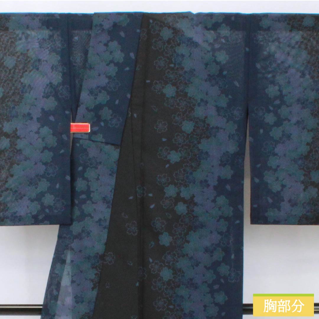 Summer kimono, polyester, small pattern, length 163.5cm, sleeve length 65cm, cherry blossom, washable kimono, gauze, S rank, black, 1132001942410