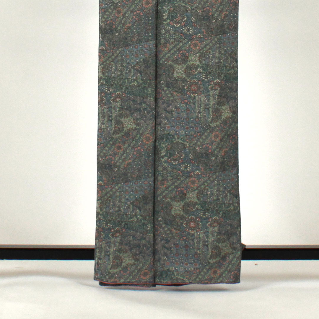 小紋 身丈160cm 裄丈66cm 袷 菱形に花 ポリ Sランク 青系 1115000942417