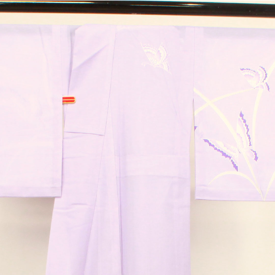 夏物 ポリエステル 訪問着 身丈152cm 裄丈61.5cm 淡紫色(たんししょく) 洗える着物 蝶 絽 Sランク 紫系 1132000682220