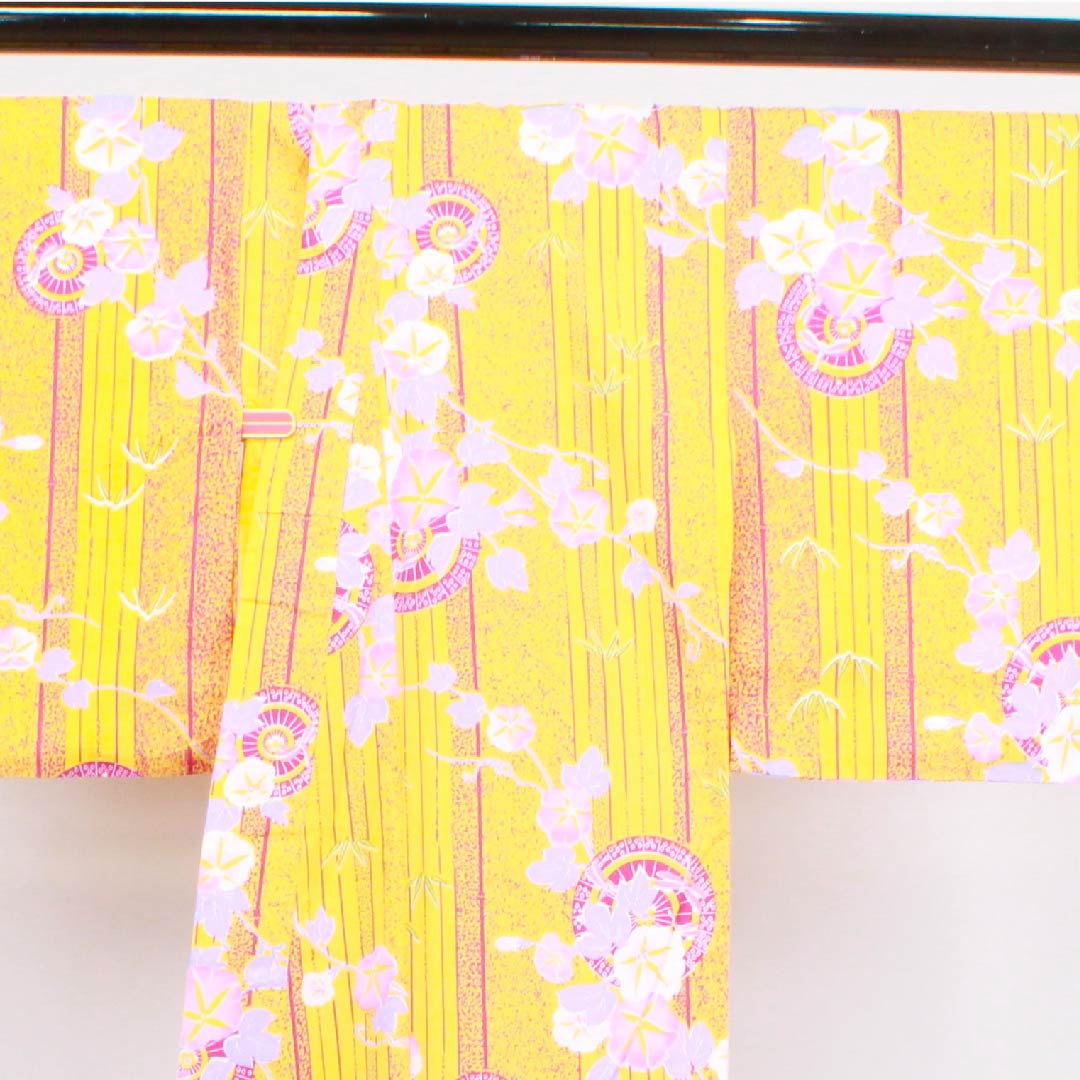 浴衣 卵色 朝顔 和傘 木綿 Sランク 単衣 身丈165cm 裄丈65cm 黄系 1118004022523