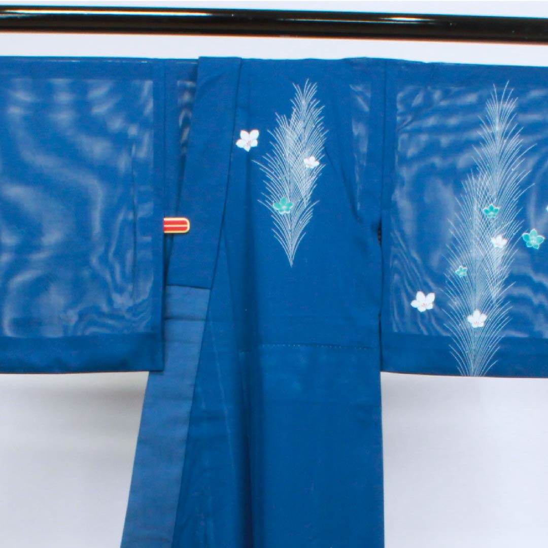 Summer polyester formal kimono, length 148.5cm, sleeve length 62.5cm, indigo blue, floral pattern, silk, S rank, navy blue, 1132000322118