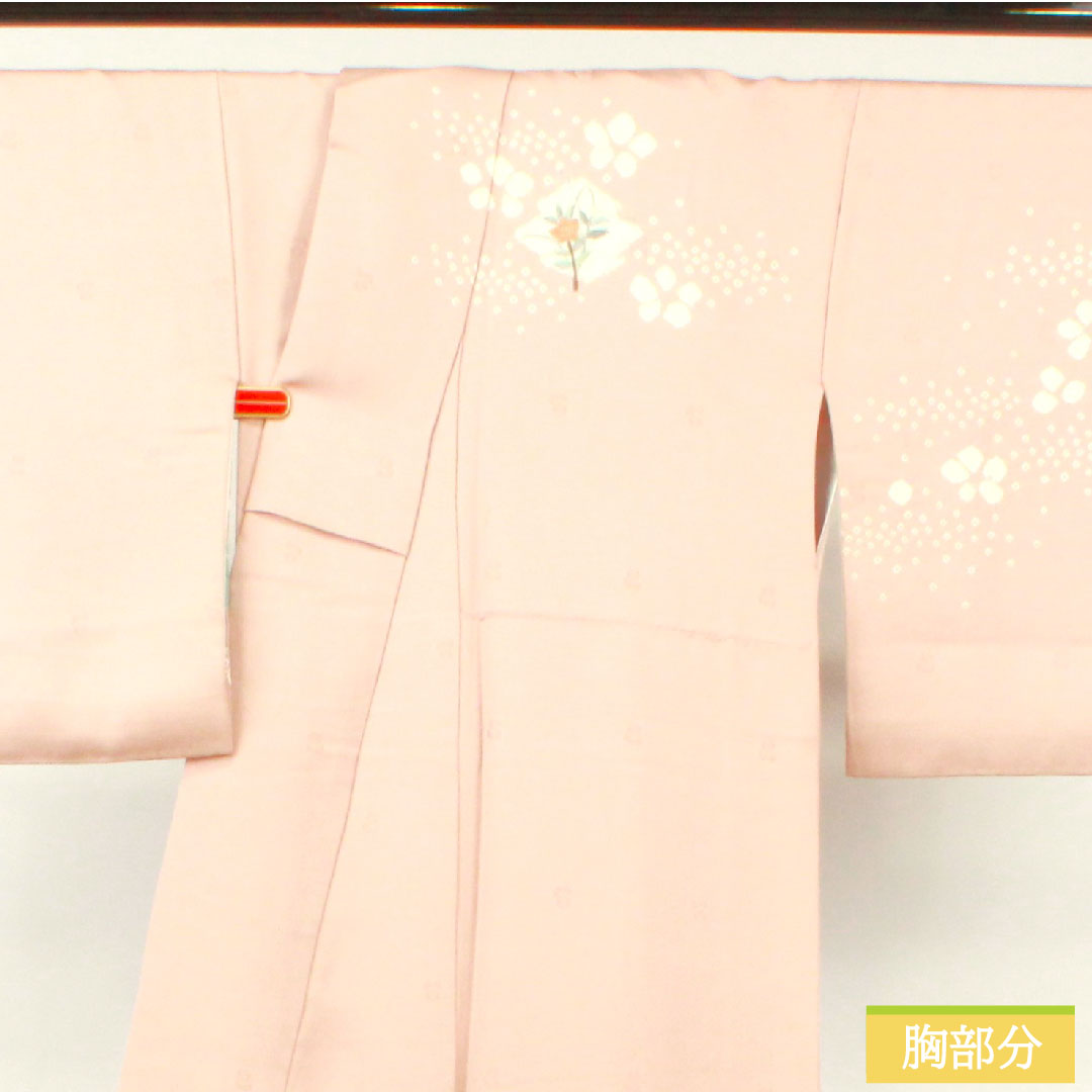 訪問着 正絹 袷 身丈159.5cm 裄丈65cm 退紅色 刺繡 部分絞り 花柄 Sランク ピンク系 1112003732313