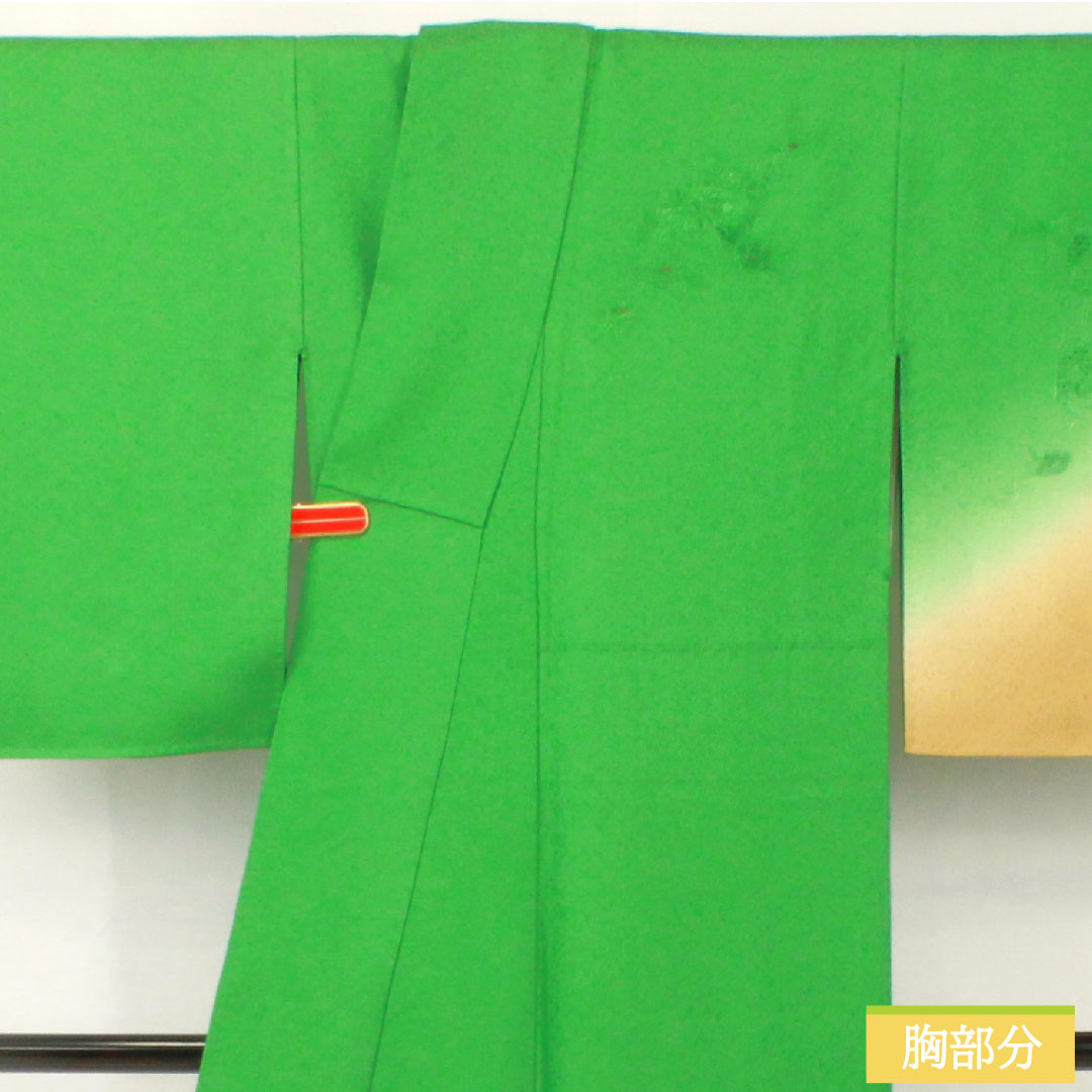 訪問着 正絹 袷 身丈157.5cm 裄丈62.5cm 草緑色(くさみどりいろ) 汕頭刺繡 草花模様 スコッチガード Sランク 緑系 1112004992319