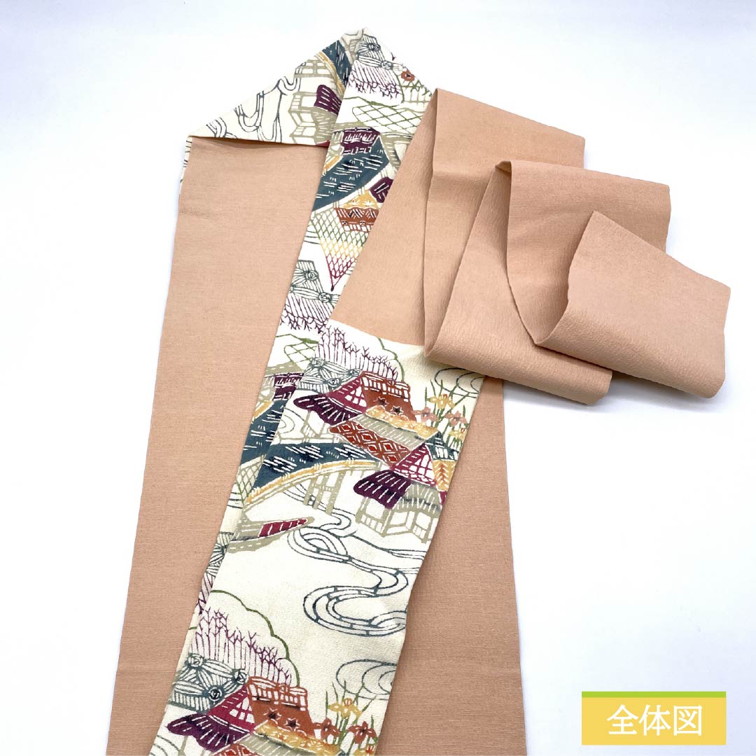 名古屋帯 生成り色(きなりいろ) 型染 紬地 風景模様 帯丈363cm 正絹 Sランク 全通 カジュアル クリーム系 1124007892315 名古屋仕立て