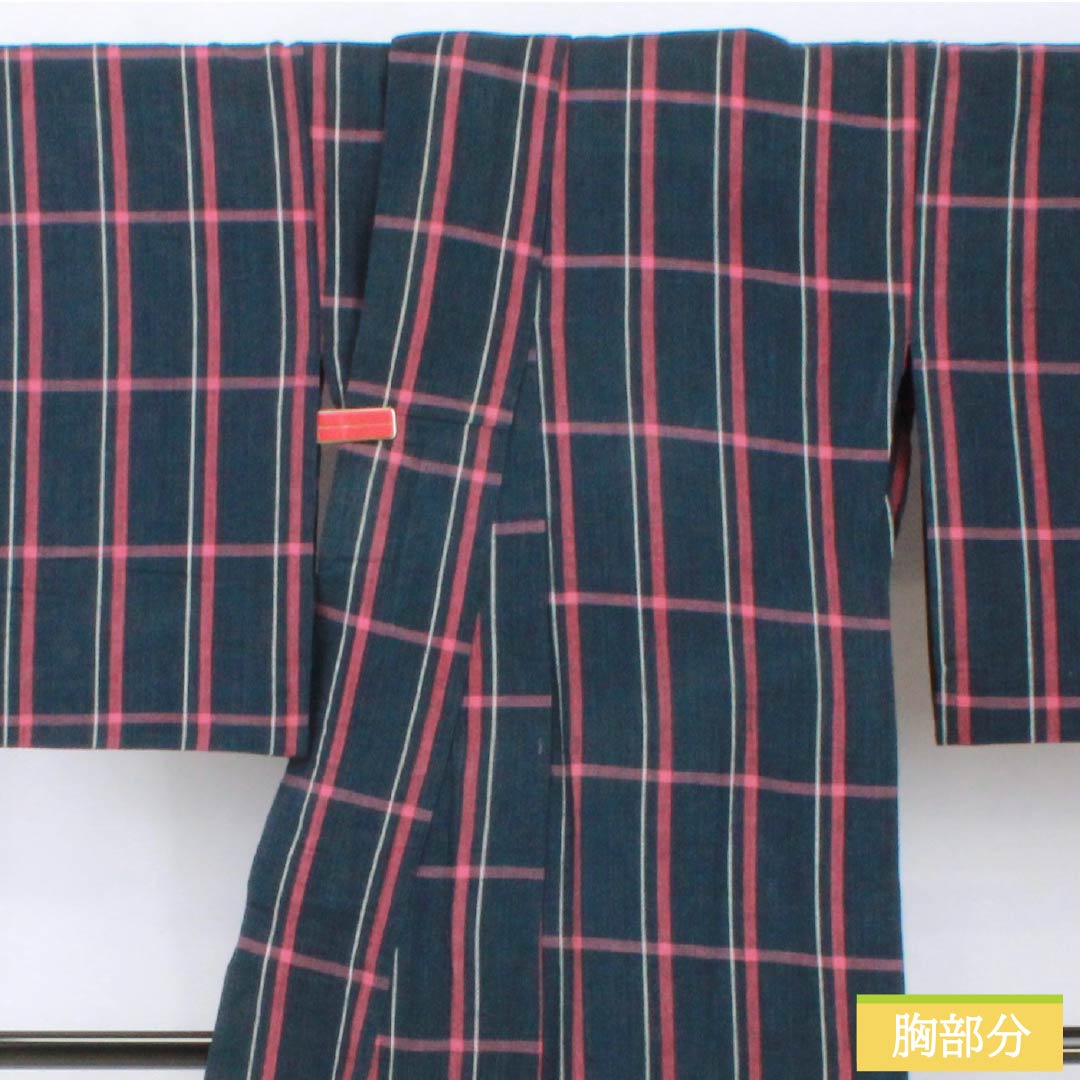 浴衣 木綿 身丈154cm 裄丈65cm Bランク 単衣 紺系 印度藍色(いんどあいいろ) しじら織 格子 1118005624218