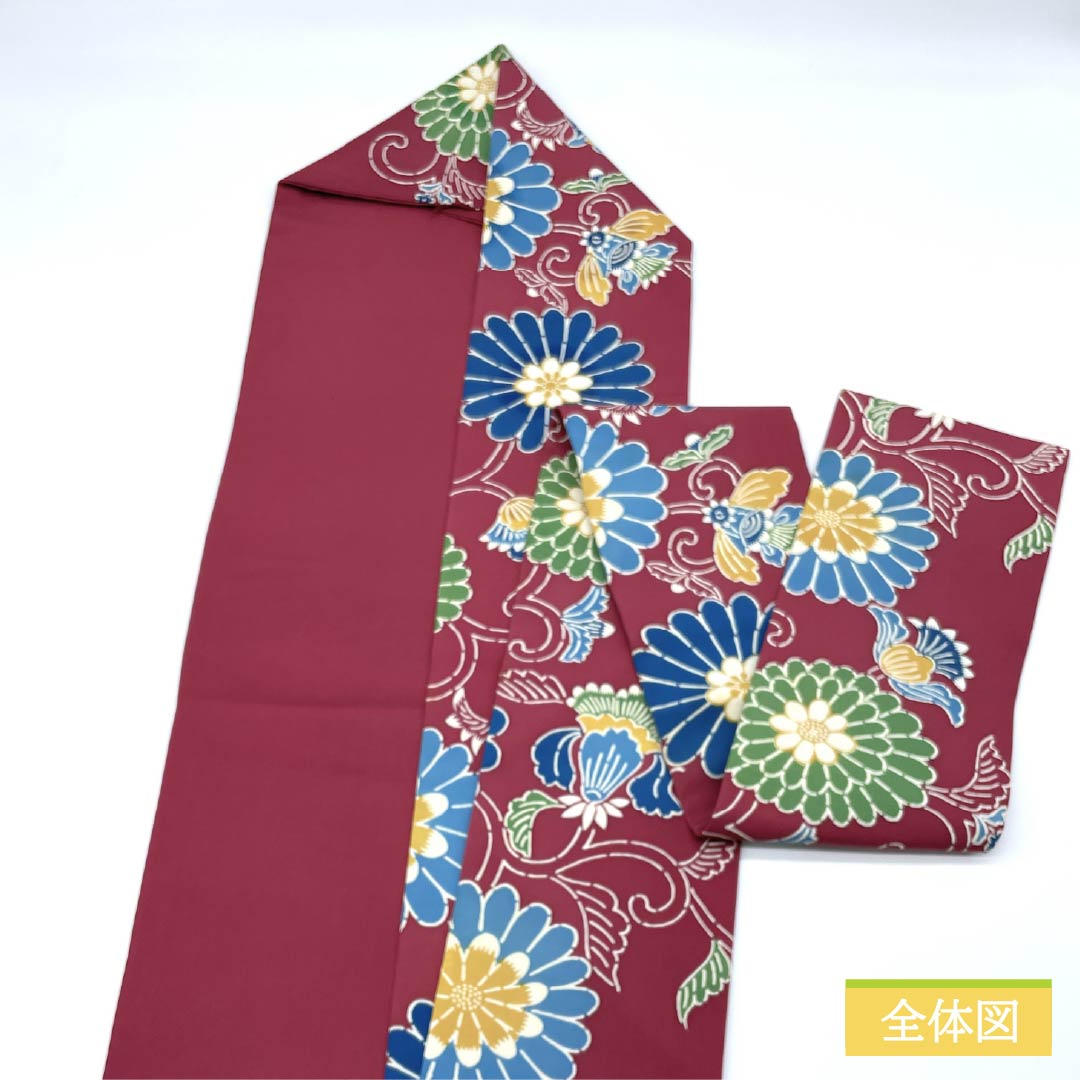 名古屋帯 胭脂紅色(えんじこういろ) 京紅型 花唐草 帯丈345cm 正絹 Bランク 全通 カジュアル 紫系 1124006644320 名古屋仕立て