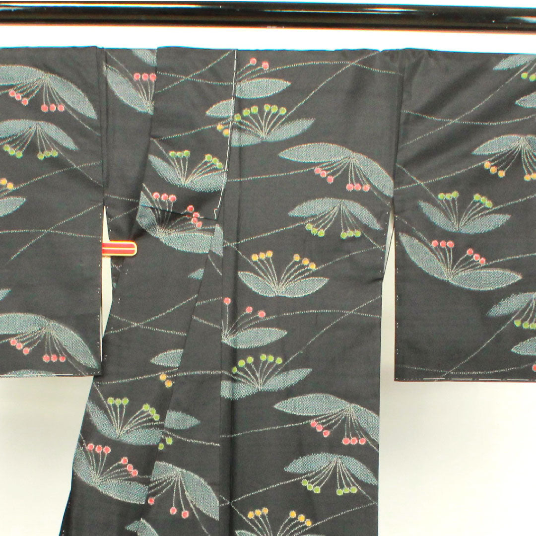 Tsumugi, Length 160cm, Sleeve length 66.5cm, with basting thread, Abstract pattern, Pure silk, S rank, Lined, Black, 1116002532410