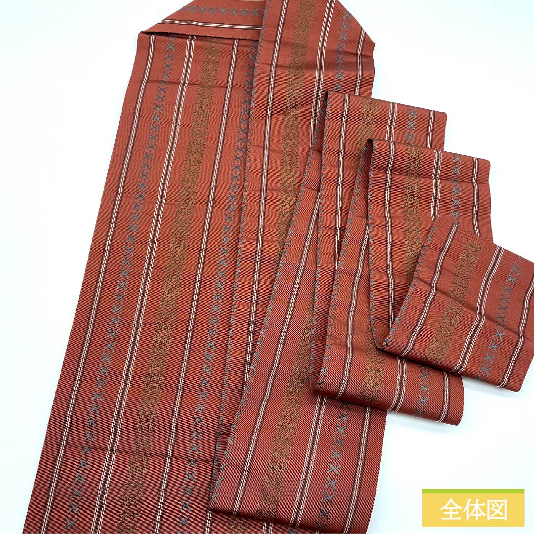 名古屋帯 海老赤色 博多織 献上柄 博多帯 帯丈363cm 正絹 Sランク 全通 カジュアル 茶系 1124005832314 名古屋仕立て