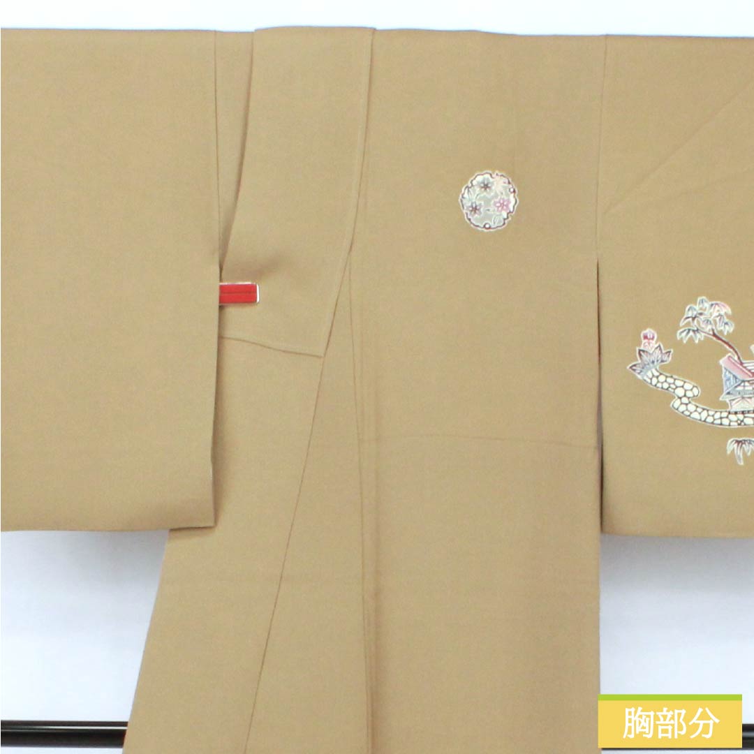 訪問着 正絹 Aランク 袷 身丈160cm 裄丈62.5cm 丁子煤竹色(ちょうじすすたけいろ) 琉球紅型 雪輪 鳳凰 風景 パールトーン加工 ベージュ系 1112007273425