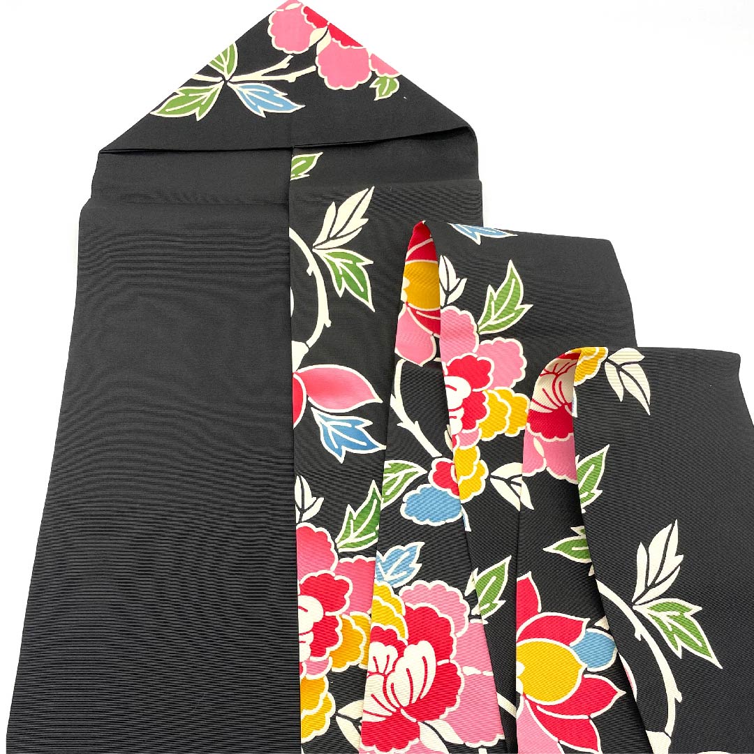 名古屋帯 黒色 型染 草花模様 帯丈370cm 正絹 優品 全通 カジュアル 黒系 1124004323310 名古屋仕立て