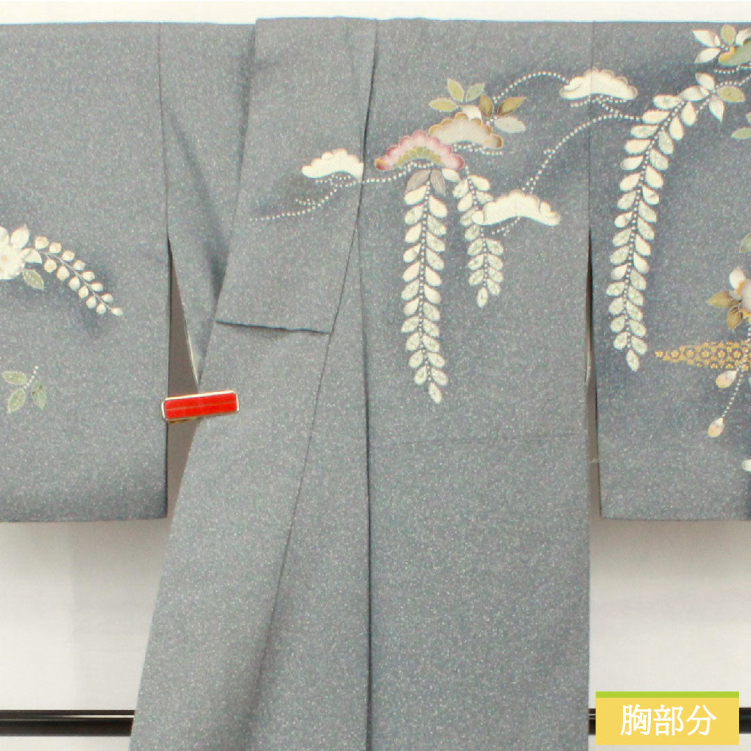 訪問着 正絹 袷 身丈155cm 裄丈63.5cm 青袋鼠色(せいたいねずいろ) 辻ヶ花 タタキ染 一つ紋 花紋 Sランク グレー系 1112005142322