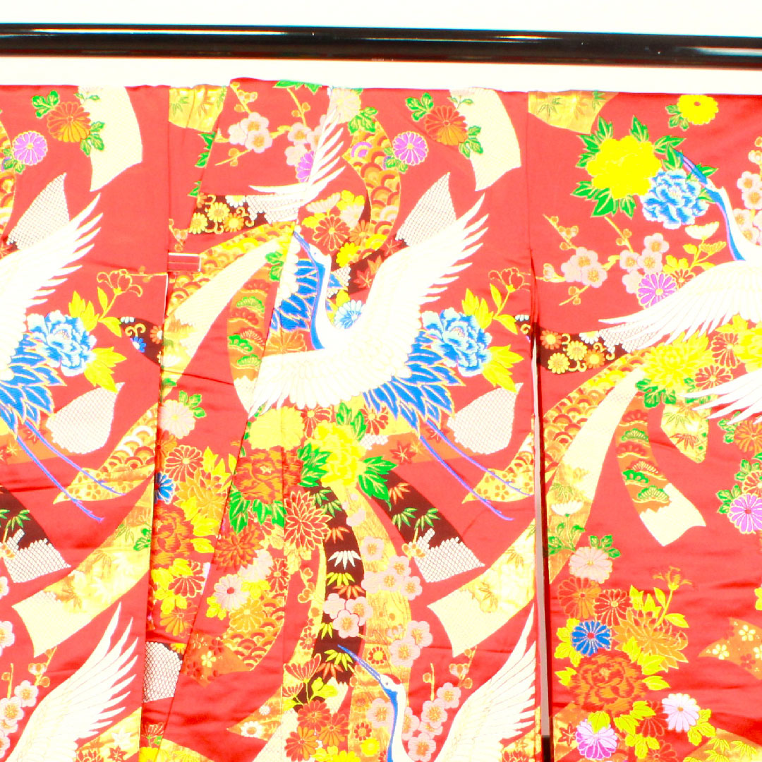 色打掛 身丈193cm 緋色 唐織 熨斗 鶴 正絹 Aランク 袷 朱系 1110000273916