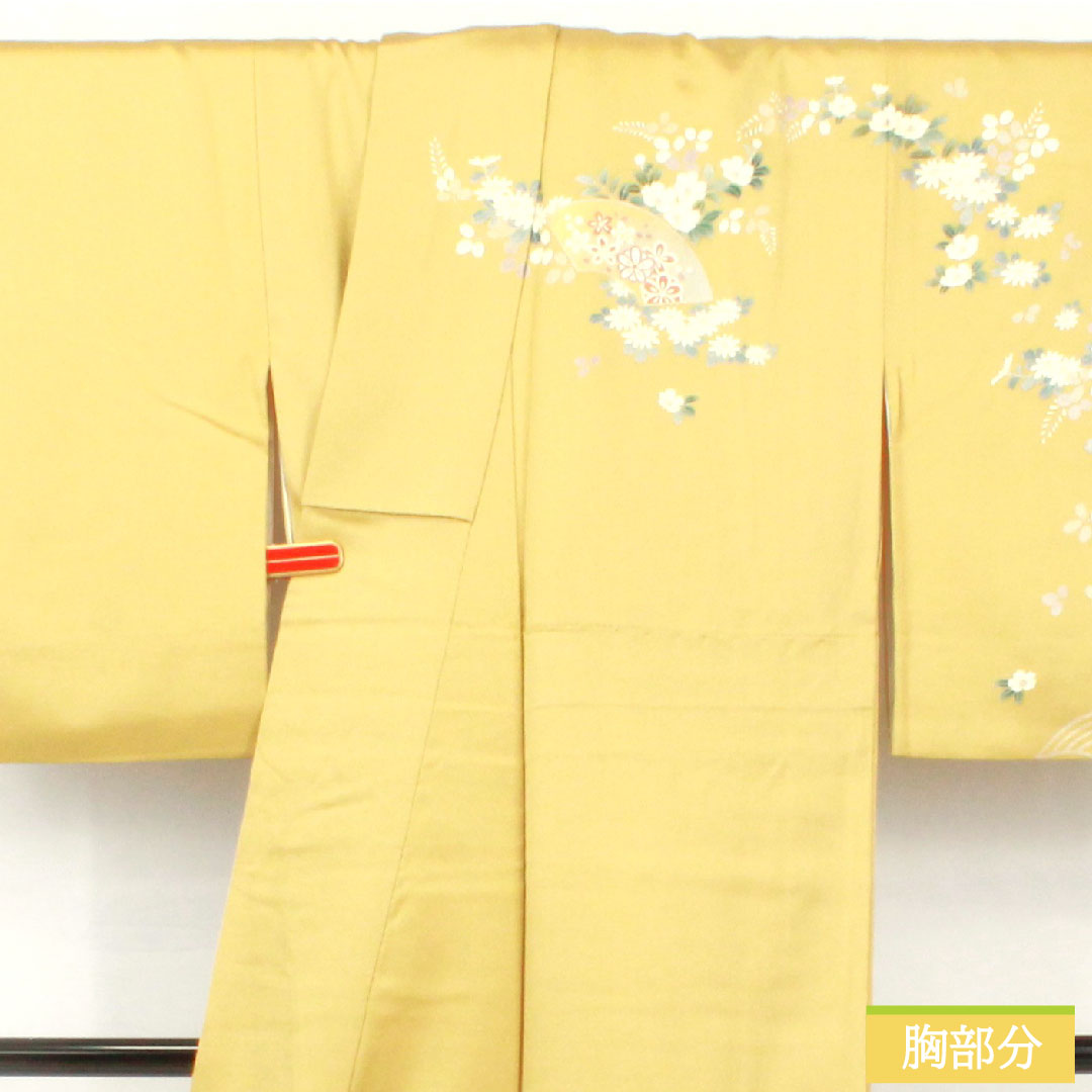 訪問着 正絹 袷 身丈156.5cm 裄丈63cm 窃黄色(せっこういろ) 京友禅 桜 菊 萩 Aランク 黄系 1112005243323