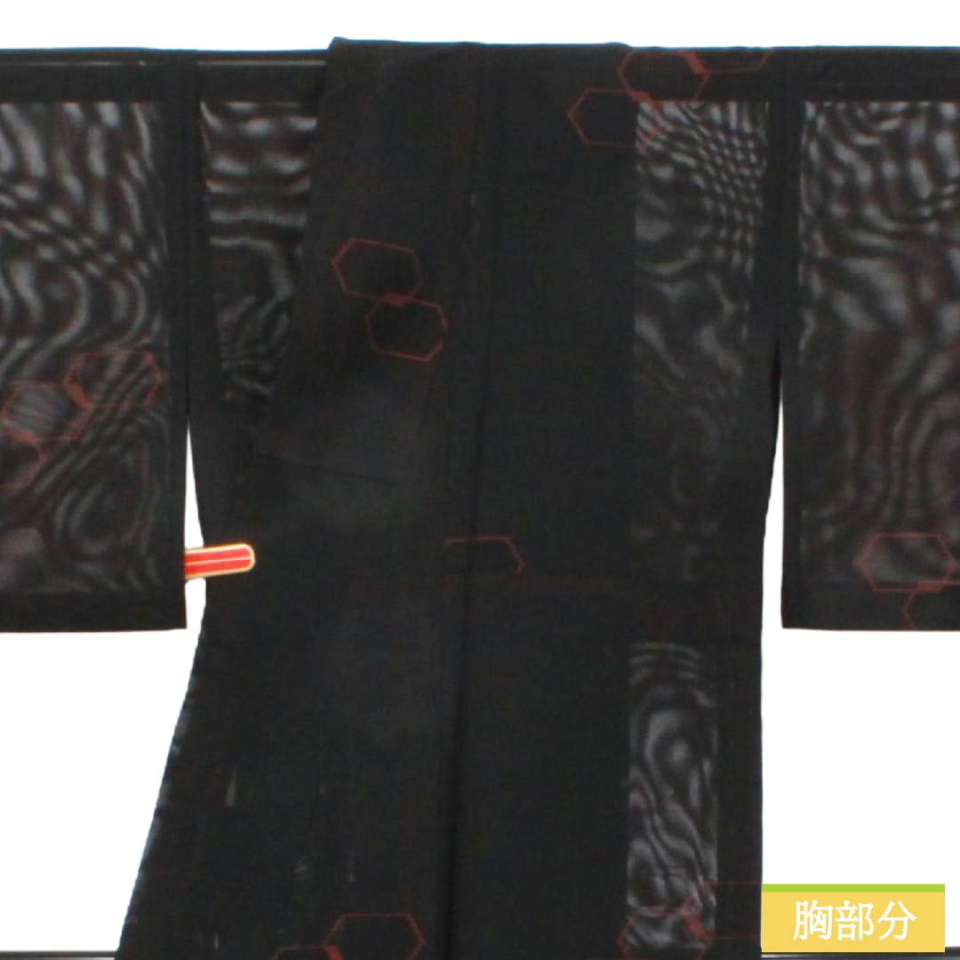 夏物 正絹 お召 Bランク 身丈157cm 裄丈65.5cm 幾何学模様 紗 黒系 1132006444310