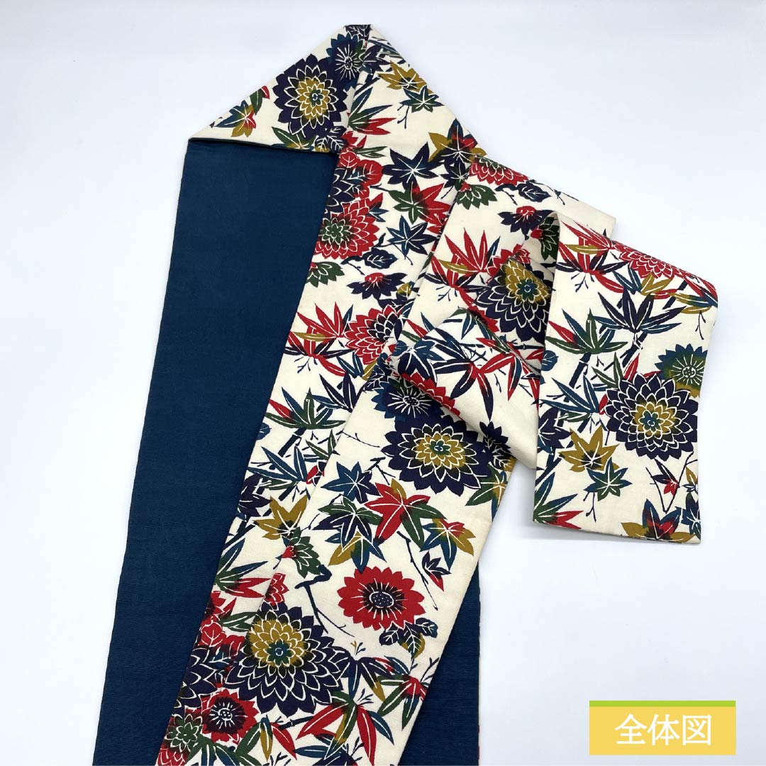 名古屋帯 生成り色(きなりいろ) 型染 菊 紅葉 帯丈352cm 木綿 Sランク 全通 カジュアル クリーム系 1124008062315 名古屋仕立て