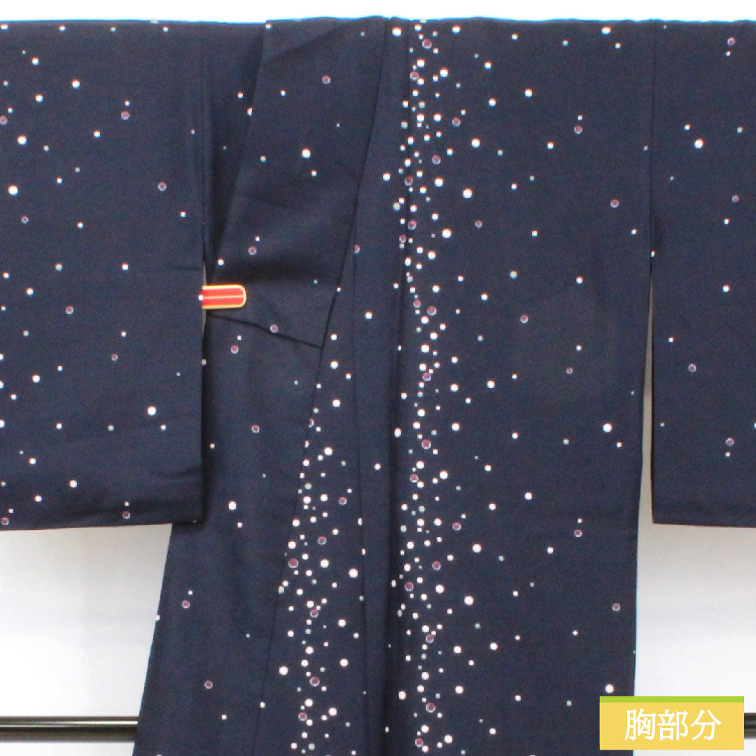 小紋 ポリエステル 身丈167cm 裄丈68cm 袷 濃紺色(のうこんいろ) 洗える着物 水玉 Sランク 紺系 1115004812518