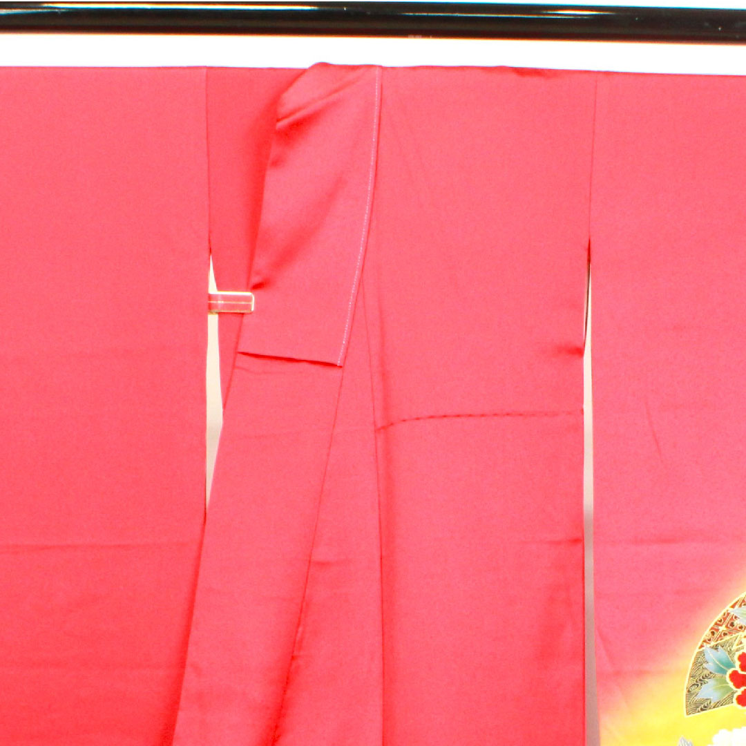 振袖 身丈153.5cm 裄丈63cm 袷 赤紅色 京友禅 草花模様 正絹 Aランク 赤系 1113001523212