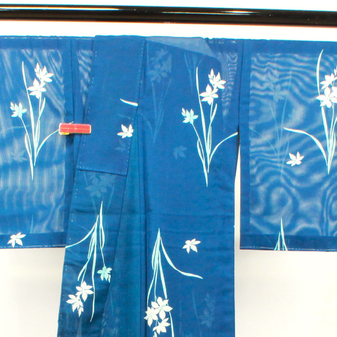 夏物 ポリエステル 小紋 身丈160cm 裄丈63cm 呉須色(ごすいろ) タマスダレ しつけ糸付き 未使用品 絽 Sランク 青系 1132000962417