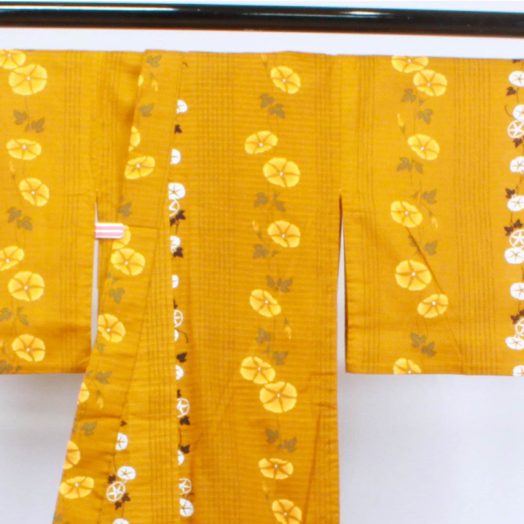 浴衣 金黄色 朝顔 木綿 Sランク 単衣 身丈163.5cm 裄丈65.5cm 茶系 1118004042414