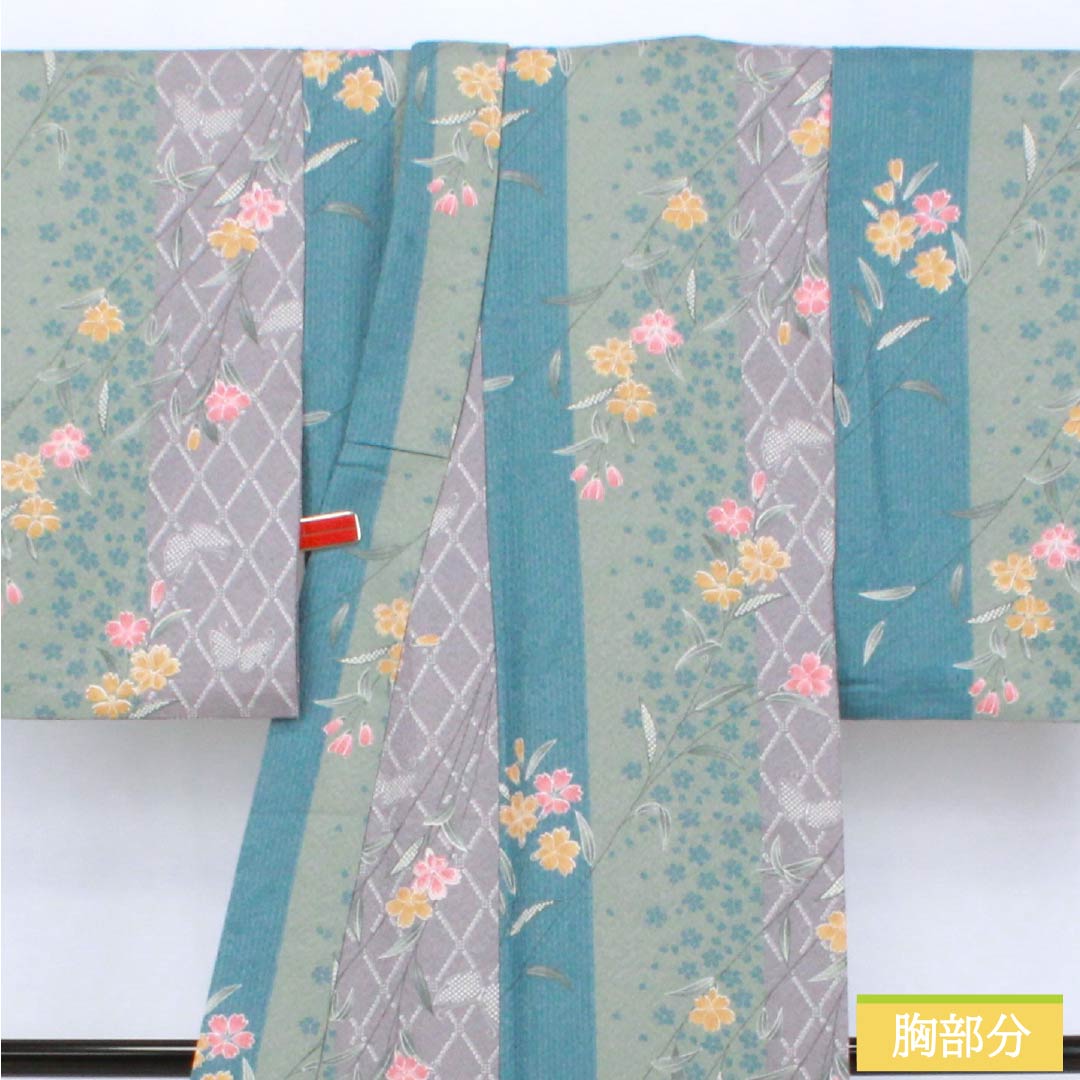 小紋 ポリエステル Sランク 身丈152cm 裄丈63.5cm 単衣 型染 草花 蝶 洗える着物 グラデーション系 1115007782299