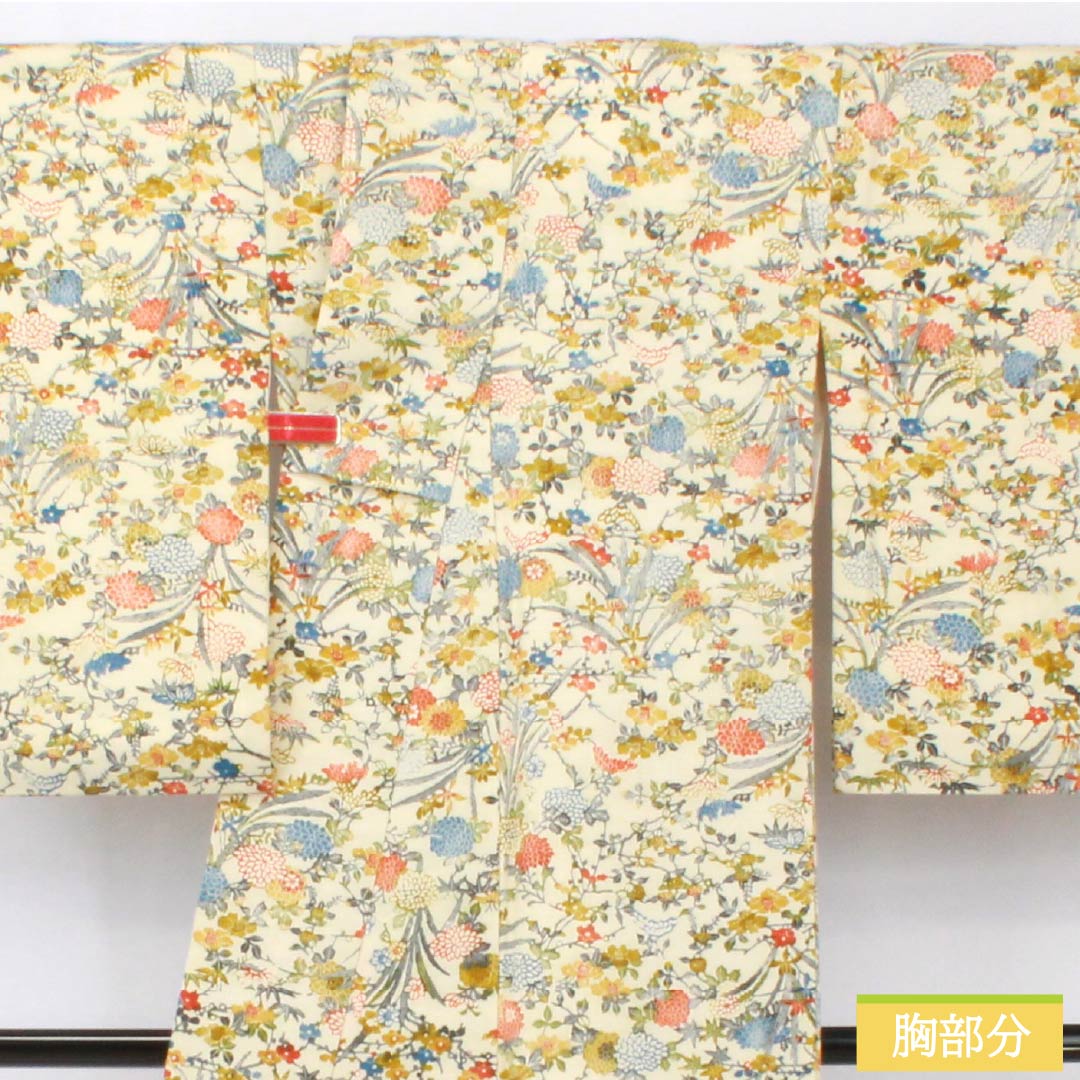 小紋 正絹 身丈154.5cm 裄丈63.5cm 袷 象牙色(ぞうげいろ) 型染 草花模様 Sランク クリーム系 1115005492215