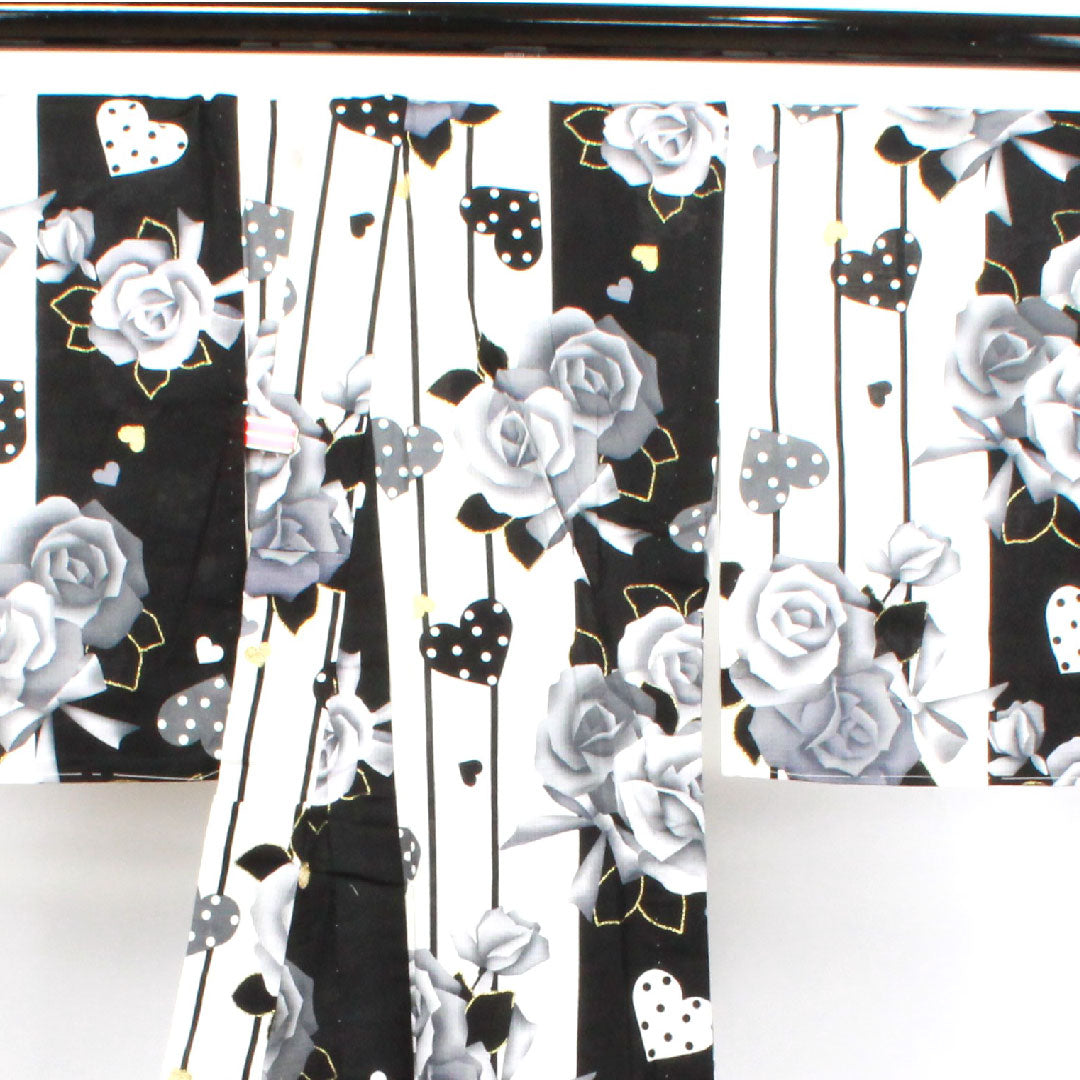 浴衣 しつけ糸付き 未使用品 モノトーン 薔薇 ハート 木綿 Sランク 単衣 身丈165.5cm 裄丈66cm グラデーション系 1118002902599