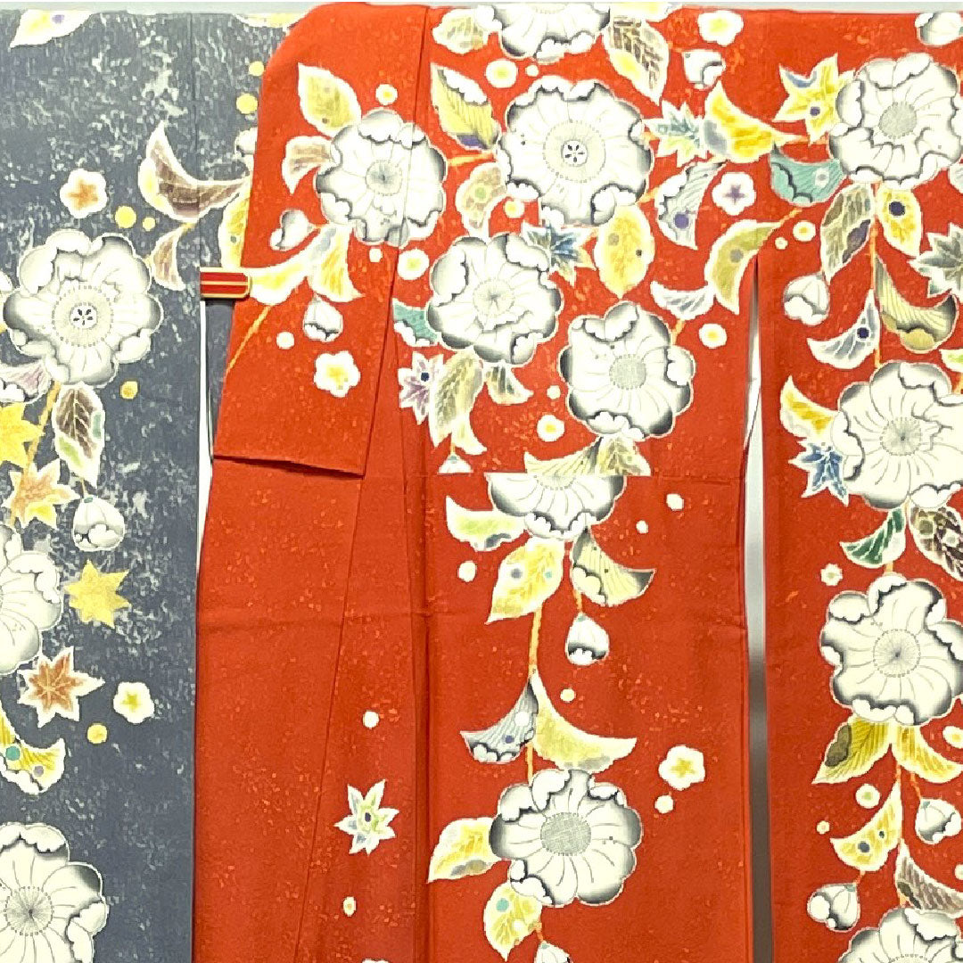 Long-sleeved kimono, length 175.5cm, sleeve length 68cm, lined, Kyoto Yuzen, Tsujigahana, dyed separately, circle with quince, pure silk, A rank, gradation style, 1113001583899
