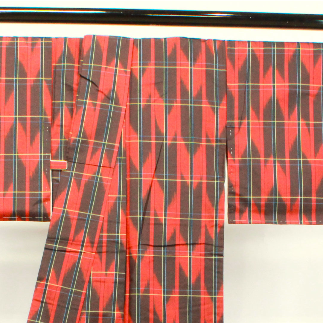 Tsumugi, Length 163.5cm, Sleeve length 62.5cm, Benibara color, Yagasuri, with basting thread, Unused, Pure silk, S rank, Awase, Red, 1116002782412