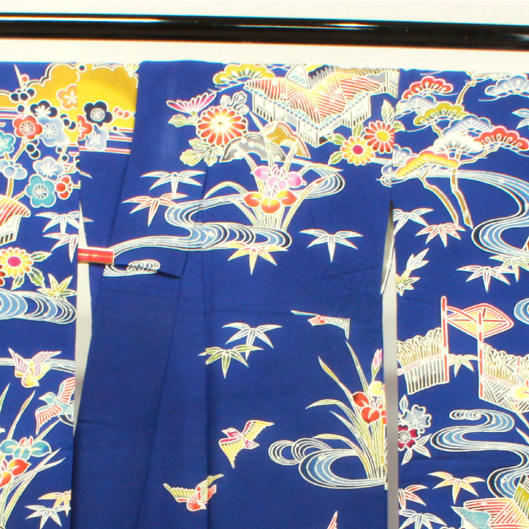 振袖 身丈167.5cm 裄丈68cm 袷 瑠璃色 京紅型 吉祥文様 正絹 Aランク 紺系 1113001773518