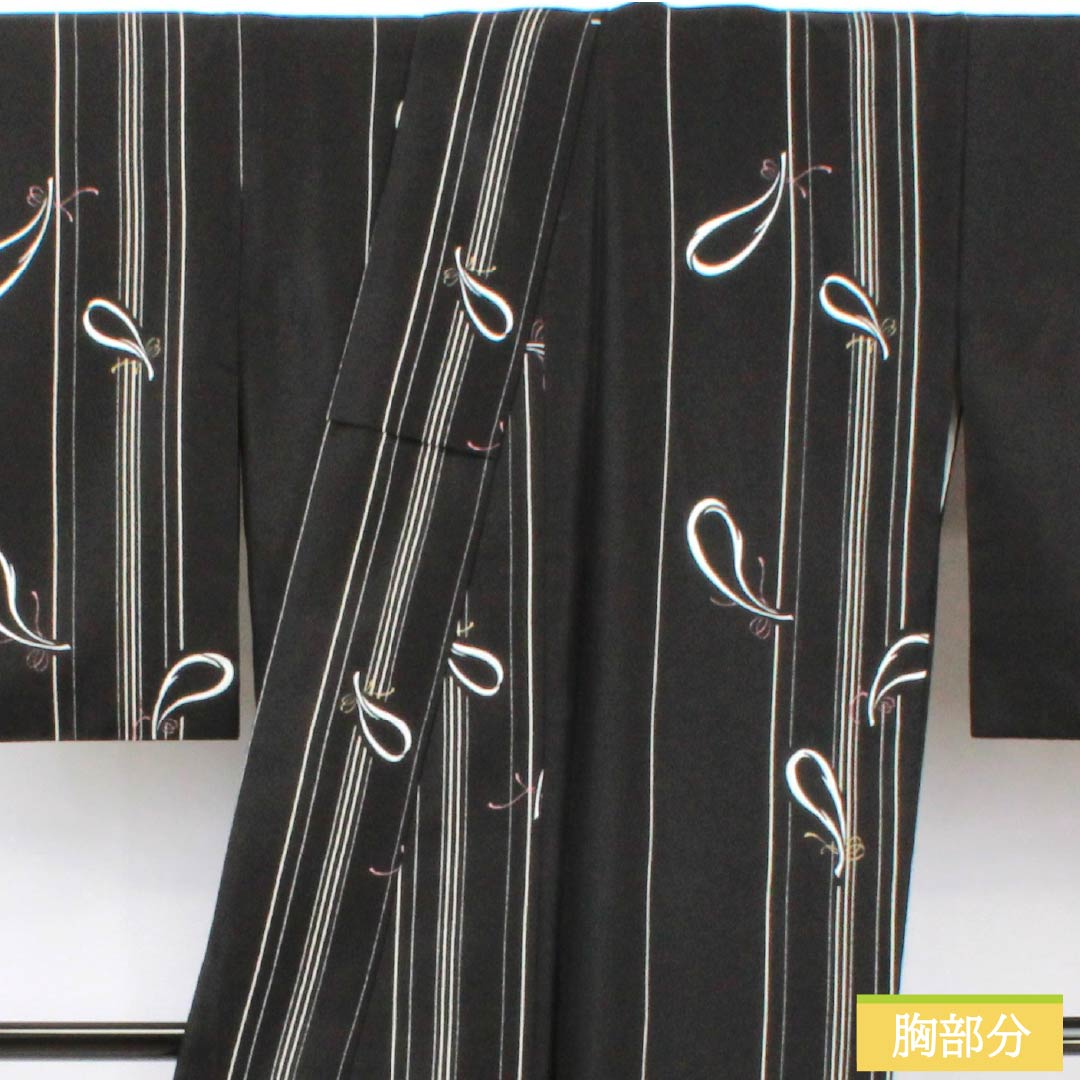 Komon (small pattern) kimono, polyester, length 166cm, sleeve length 66cm, lined, abstract pattern, washable, S rank, black, 1115005942510
