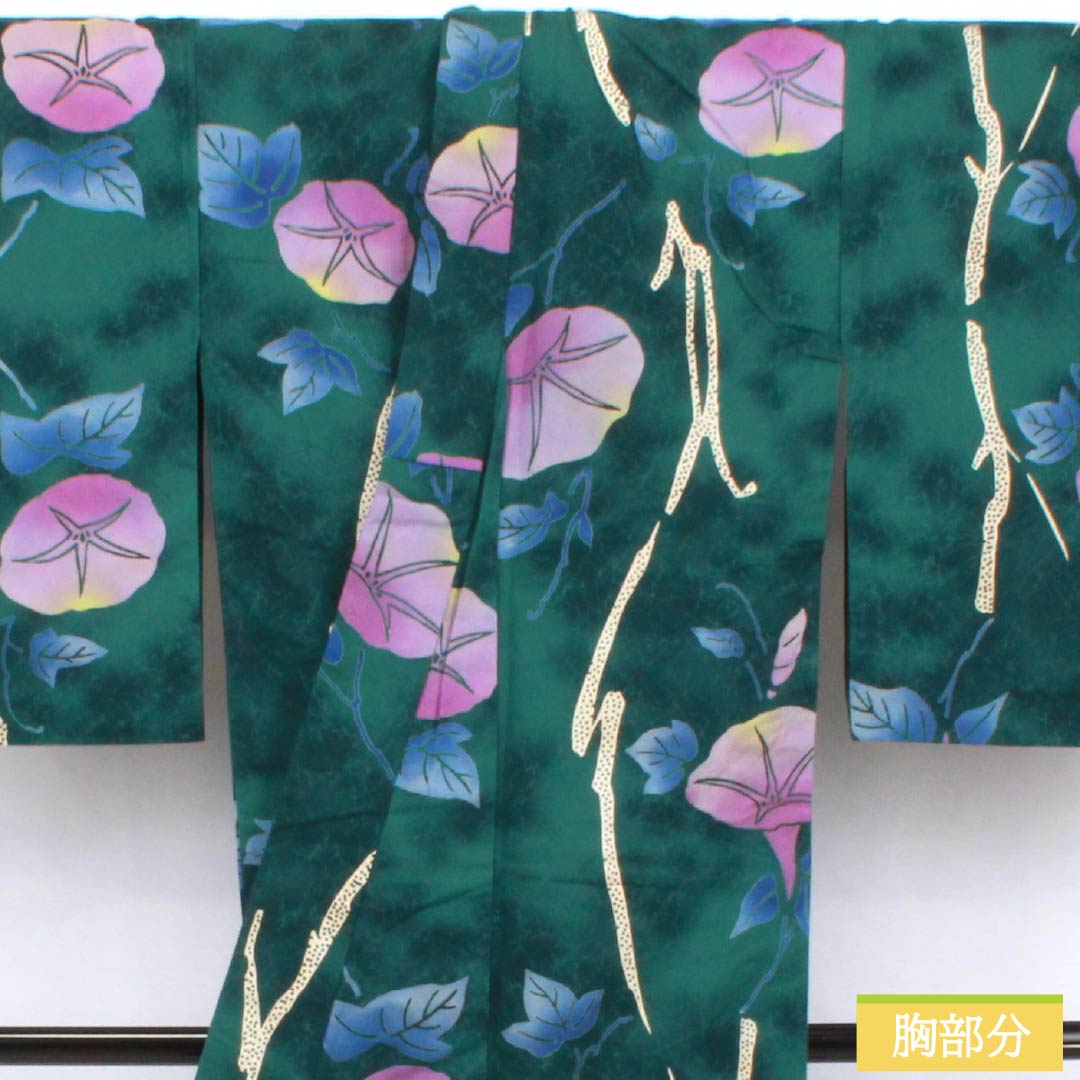 浴衣 木綿 身丈162cm 裄丈63cm Sランク 単衣 緑系 蒼黒色(そうこくいろ) 朝顔 1118006622419