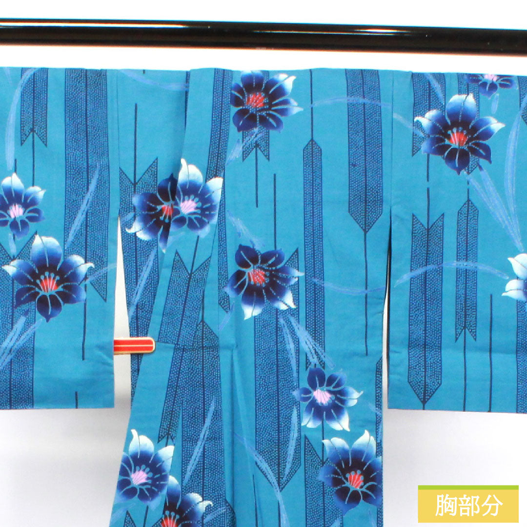 Yukata Cotton Length 162.5cm Sleeve length 65.5cm S rank Single layer Blue Mashana color Arrow feather Abstract flower 1118004822417