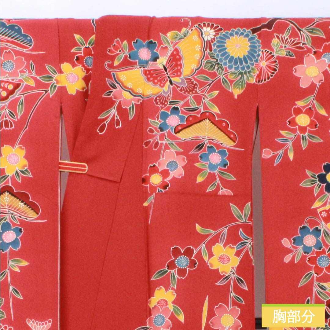 振袖 正絹 Sランク 身丈162cm 裄丈67.5cm 袷 柘榴色(ざくろいろ) 京紅型 吉祥文様 蝶 パールトーン加工 赤系 1113002392412