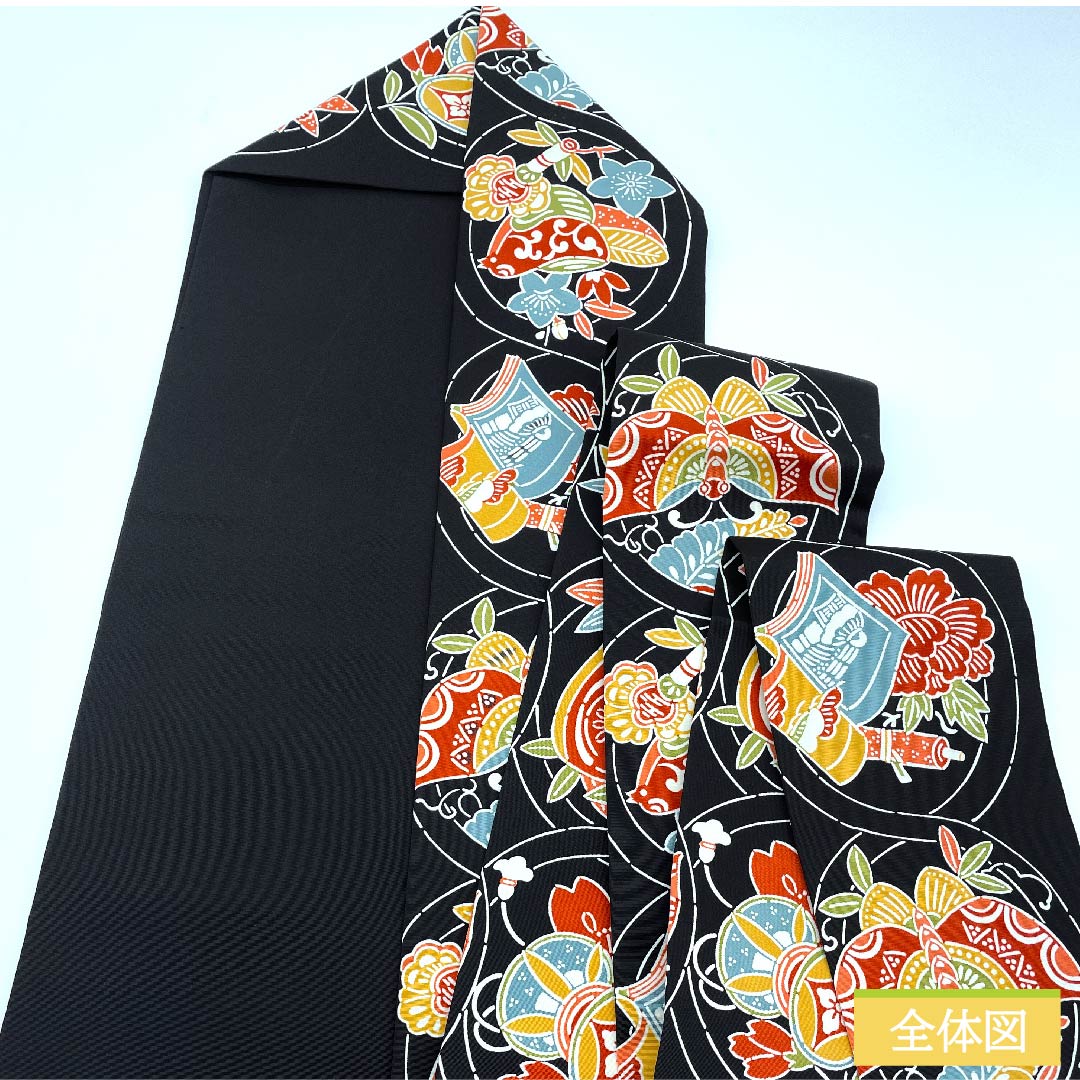名古屋帯 黒色 型染 京紅型 鼓 糸巻き 蝶 玩具 帯丈368cm 正絹 Sランク 全通 カジュアル 黒系 1124005882310 名古屋仕立て