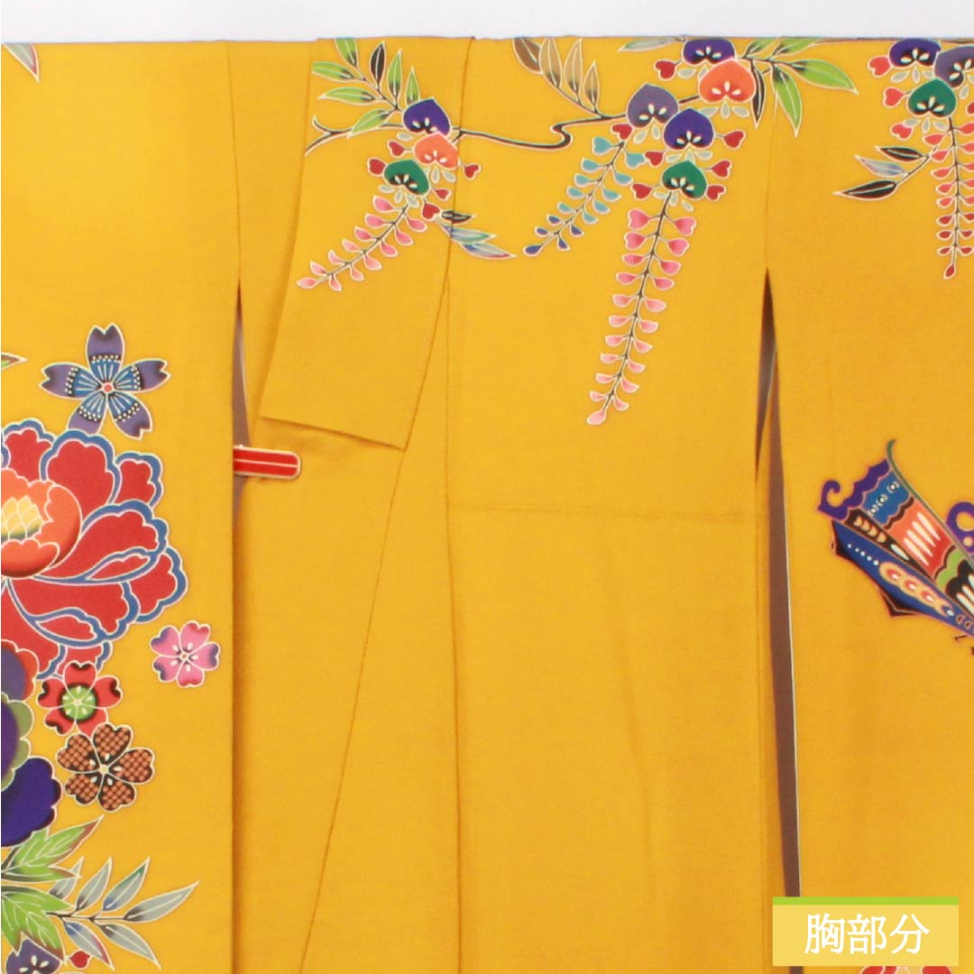 振袖 正絹 Aランク 身丈161.5cm 裄丈66cm 袷 山吹色(やまぶきいろ) 京紅型 宮崎染工 作家物 吉祥文様 牡丹 黄系 1113002513423