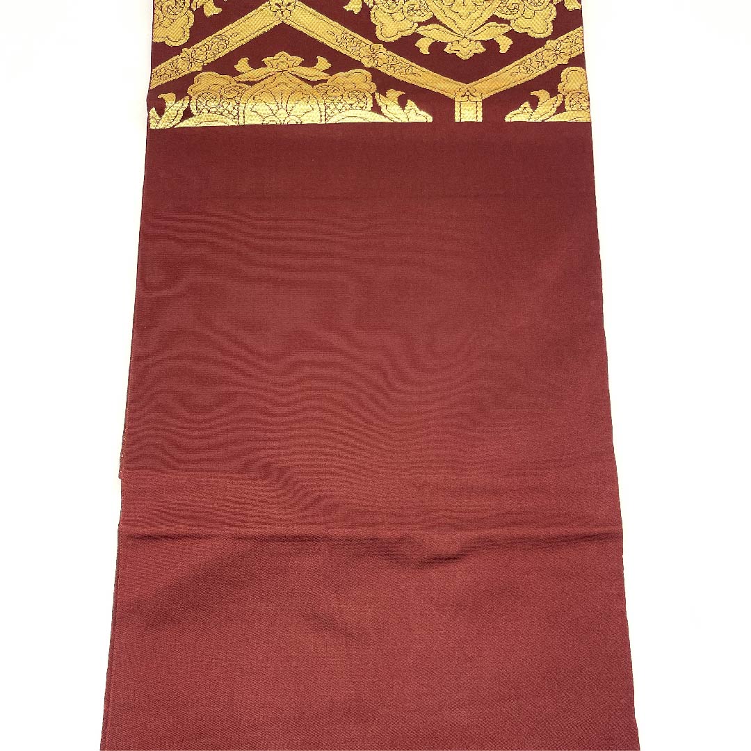 袋帯 紅海老茶色(べにえびちゃいろ) 宝相華 亀甲 帯丈416cm 正絹 Aランク 六通 フォーマル 茶系 1123002883314