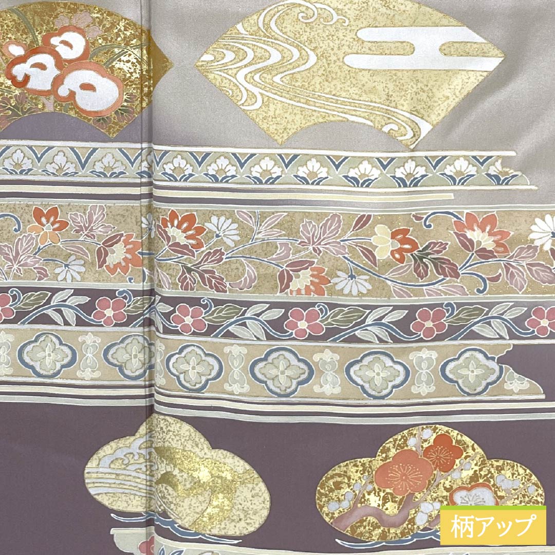 色留袖 正絹 Sランク 身丈158.5cm 裄丈65.5cm 袷 鴇色鼠色(ときいろねずいろ) 京友禅 扇面 草花模様 一つ紋 上り藤 一つ紋 グレー系 1111002242322