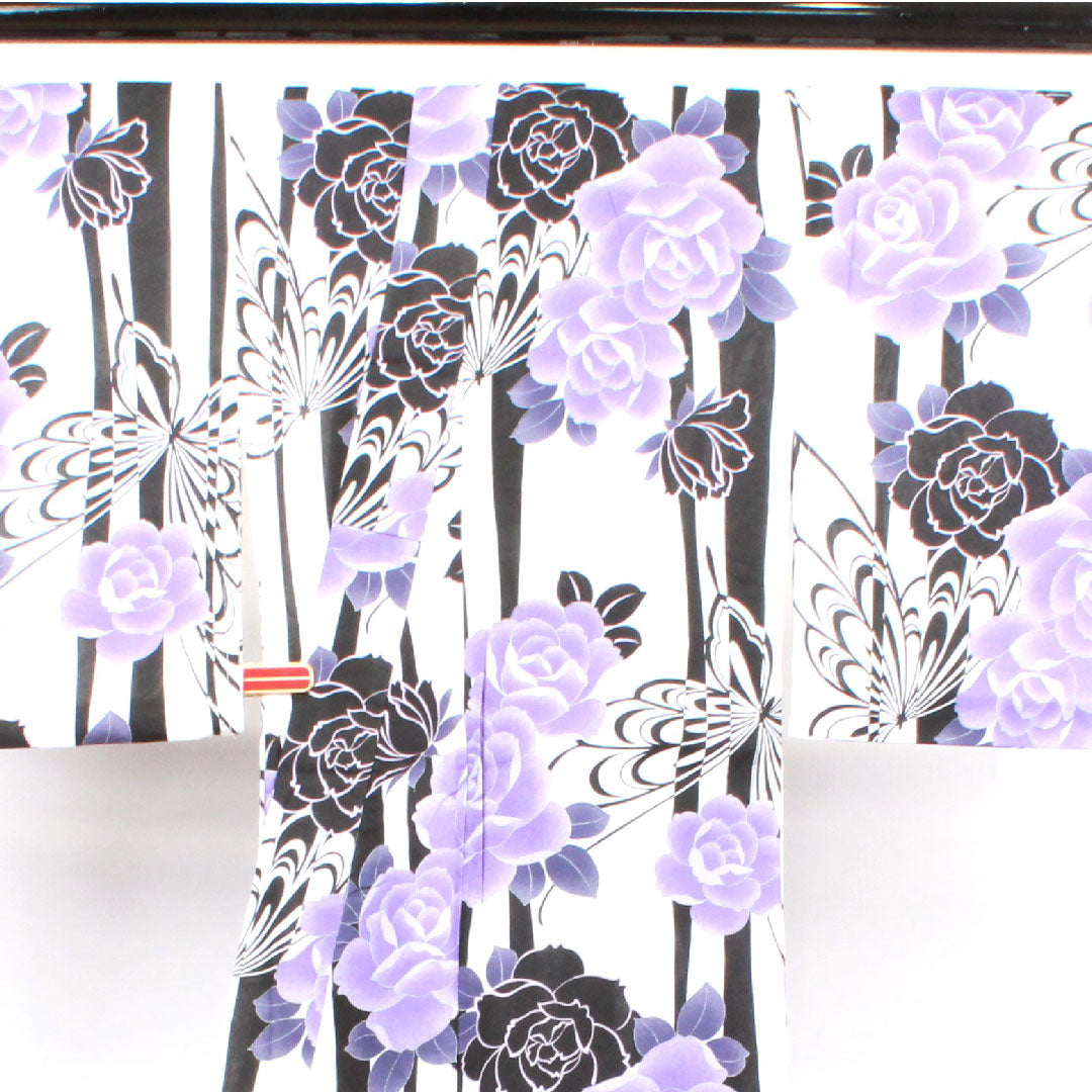 浴衣 モノトーン 蝶 薔薇 木綿 Sランク 単衣 身丈167cm 裄丈63.5cm 白系 1118001312511