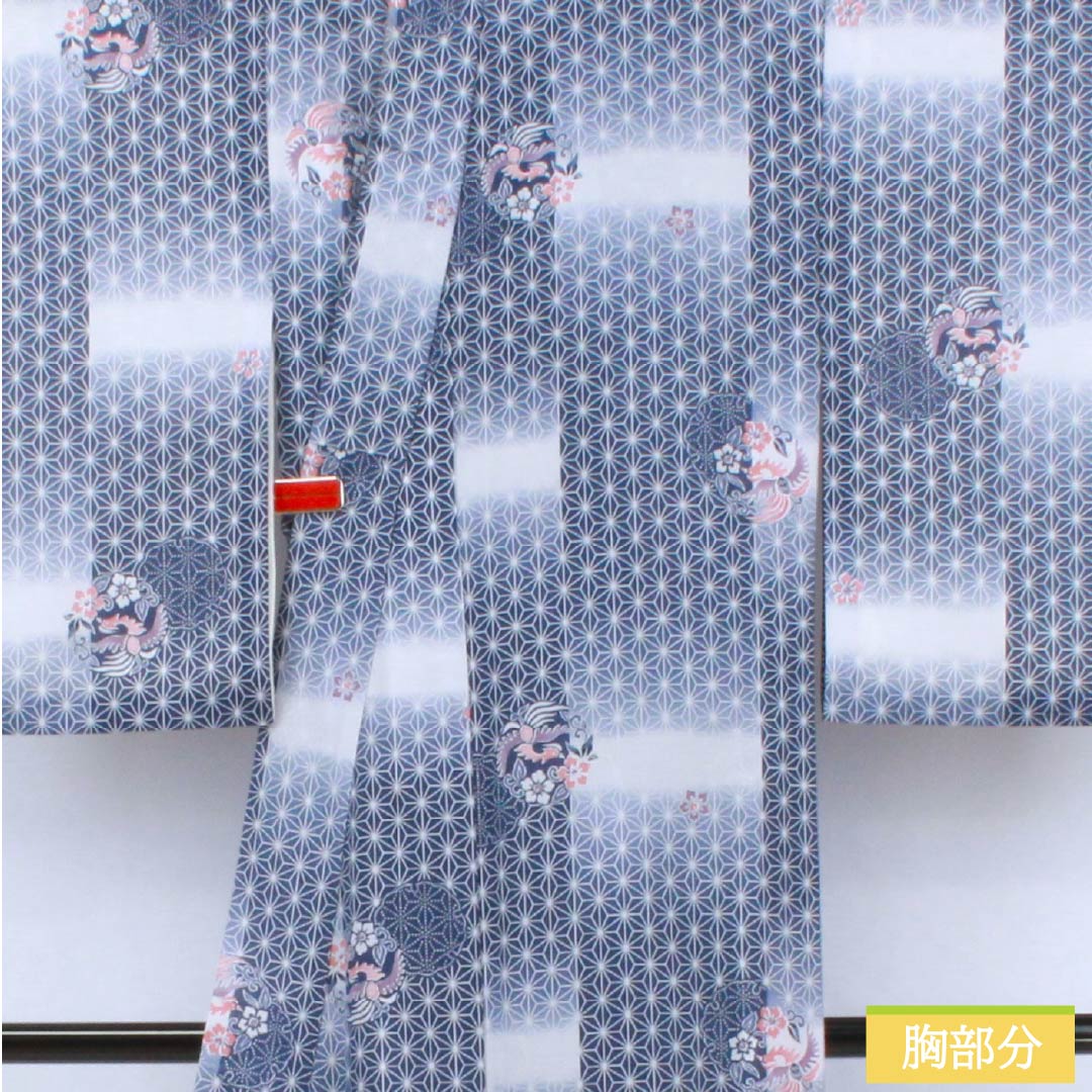 夏物 ポリエステル 小紋 身丈149cm 裄丈62cm 鉄蒲萄色(てつぶどういろ) 麻の葉 古典柄 洗える着物 絽 Aランク 紺系 1132002633118