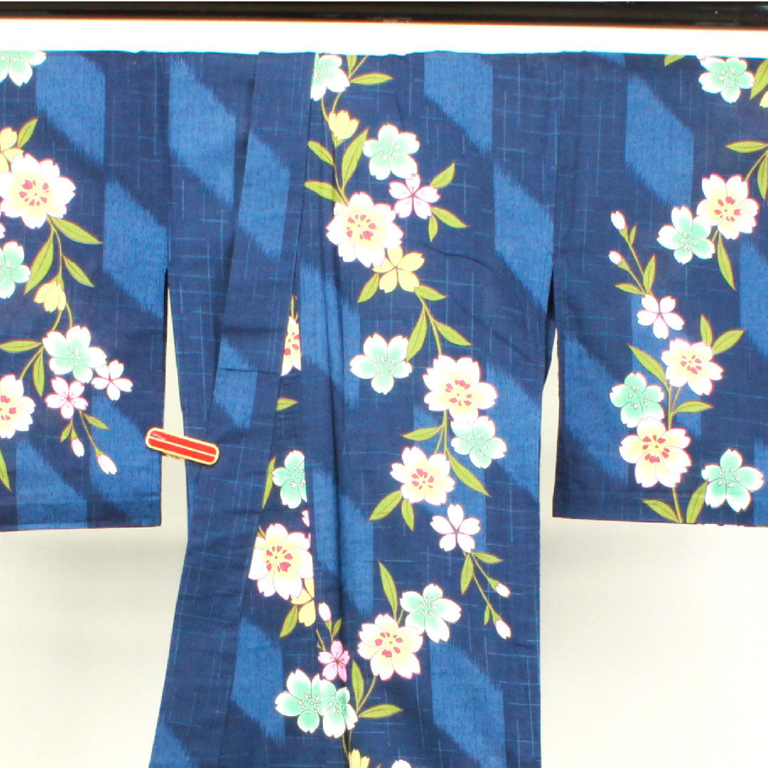 浴衣 紺瑠璃色 桜 木綿 Sランク 単衣 身丈166.5cm 裄丈65cm 紺系 1118002002518
