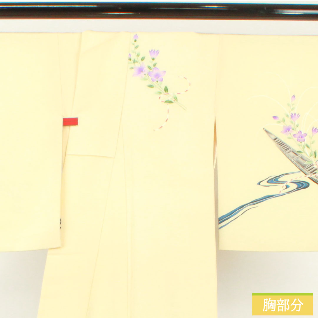 Homongi, pure silk, lined, length 156cm, sleeve length 61.5cm, light egg color, Kyo-Yuzen, A rank, cream color, 1112004563315