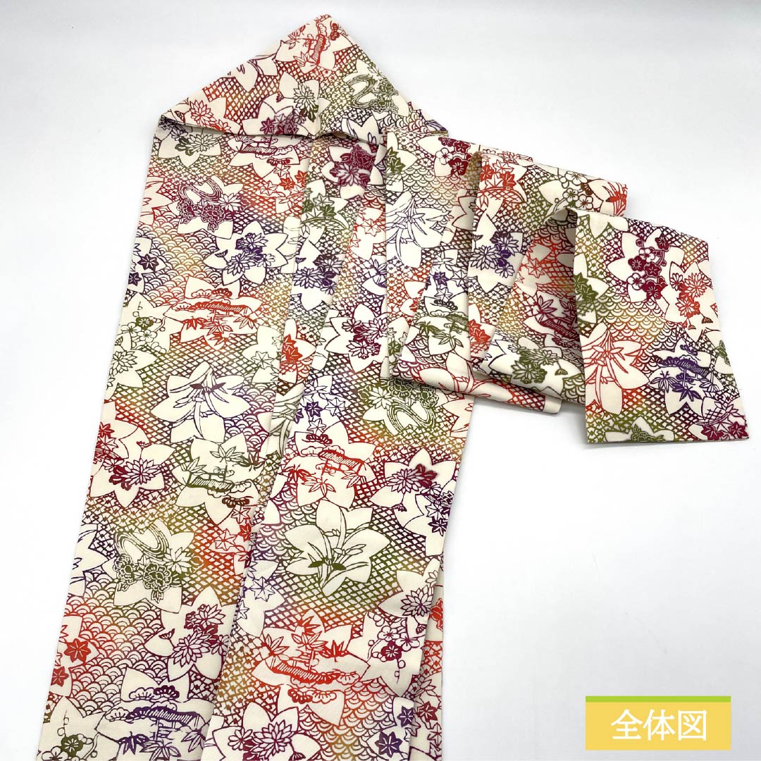 Nagoya obi, stencil-dyed, autumn leaves, chrysanthemums, obi length 377cm, pure silk, S rank, full-length, casual, white, 1124007762311, Nagoya-made