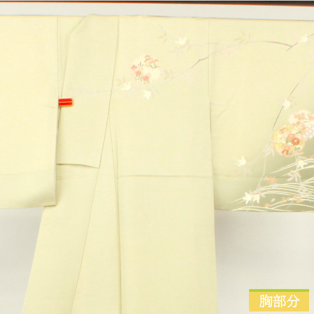 訪問着 袷 身丈155cm 裄丈63cm 利休白茶色 京友禅 吉祥文様 正絹 Sランク 緑系 1112003902319